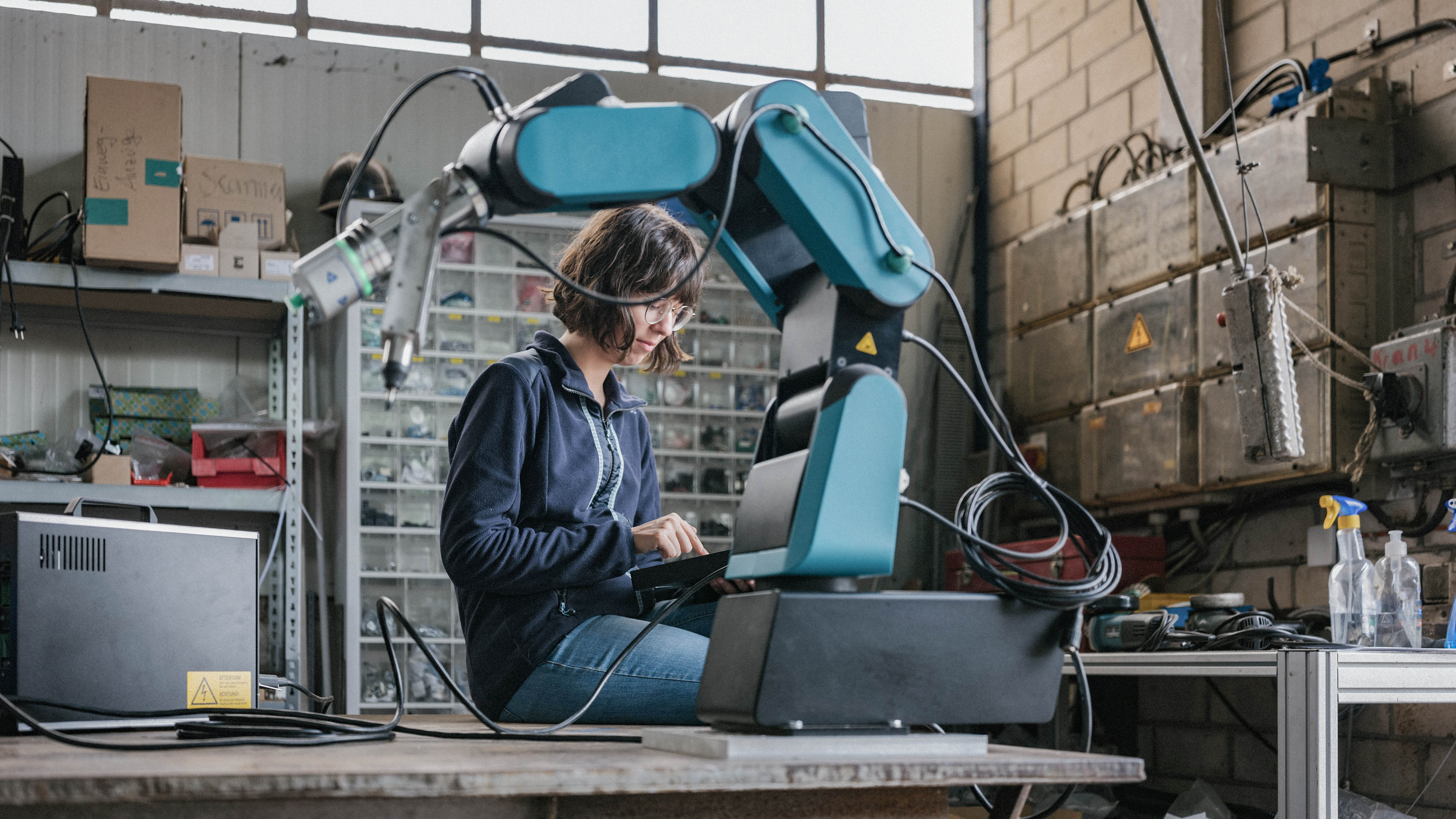 Eine Person sitzt an einem Tisch und arbeitet mit einem Roboterarm in einer Werkstatt, umgeben von Werkzeug und Materialien.