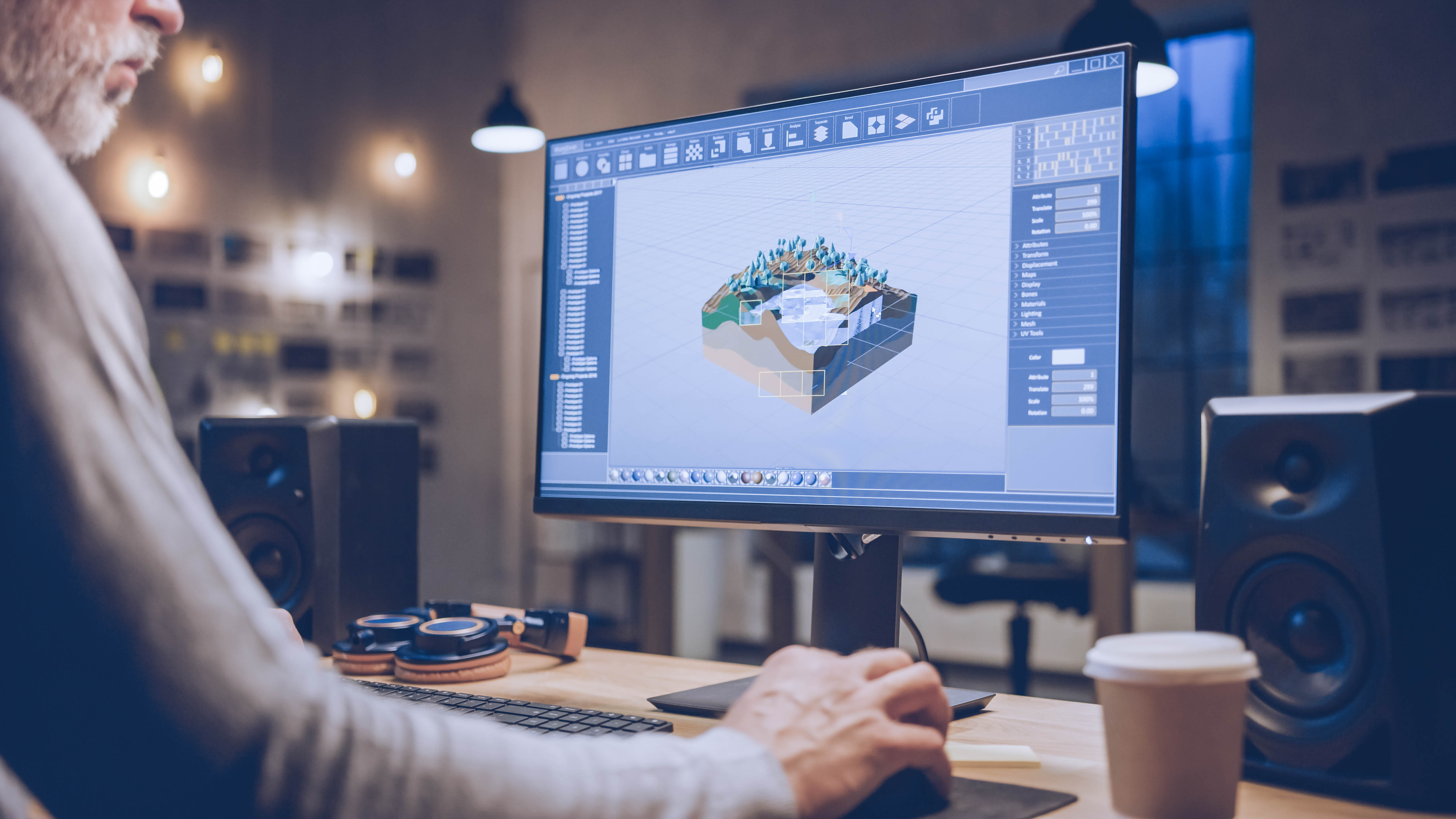 Ein Computerbildschirm zeigt eine 3D-Modellierungssoftware mit einer Landschaftsansicht, daneben eine Hand auf der Maus.