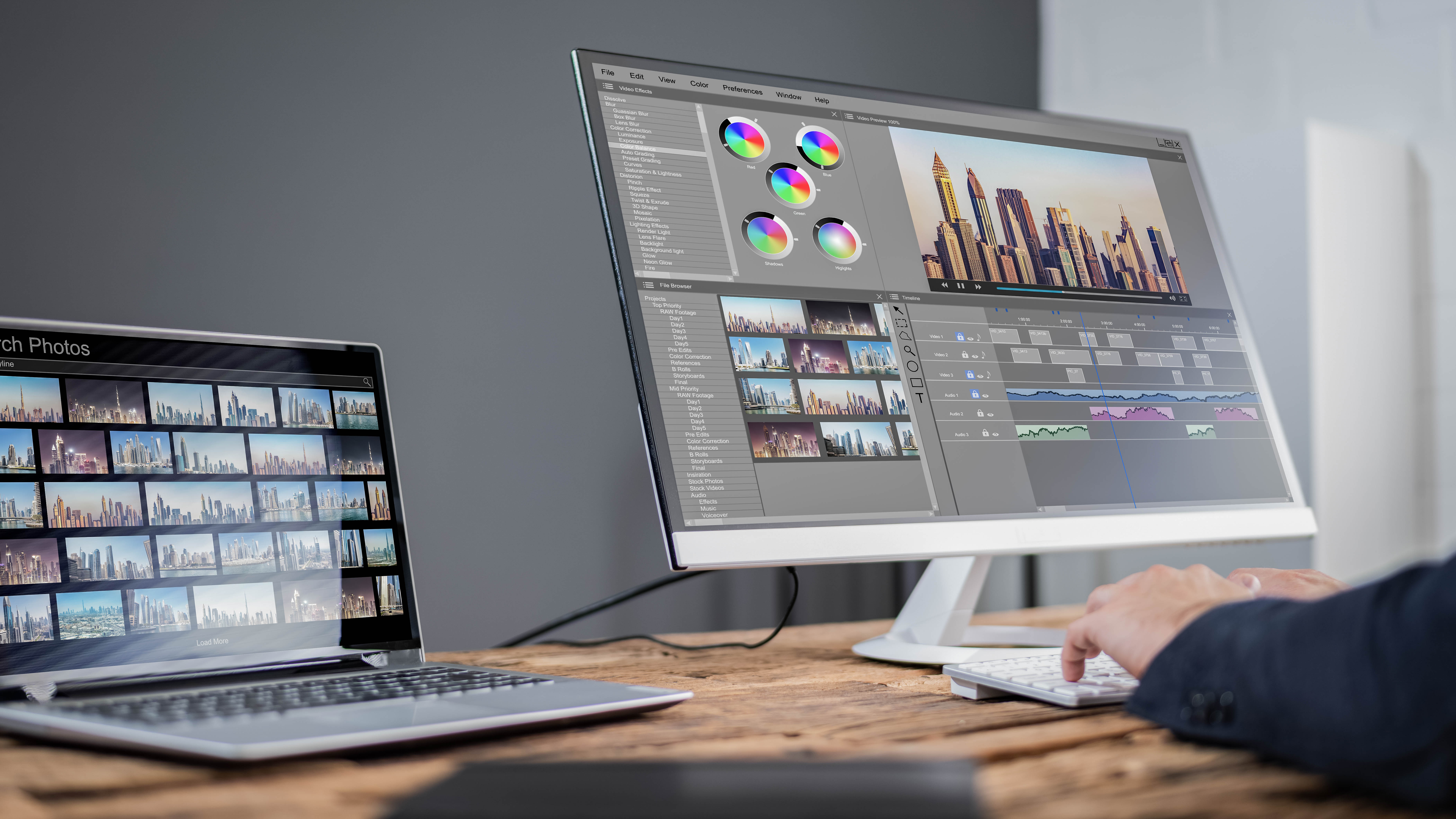 Ein Laptop und ein großer Monitor zeigen Bildbearbeitungssoftware mit Stadtansichten und Farbreglern.