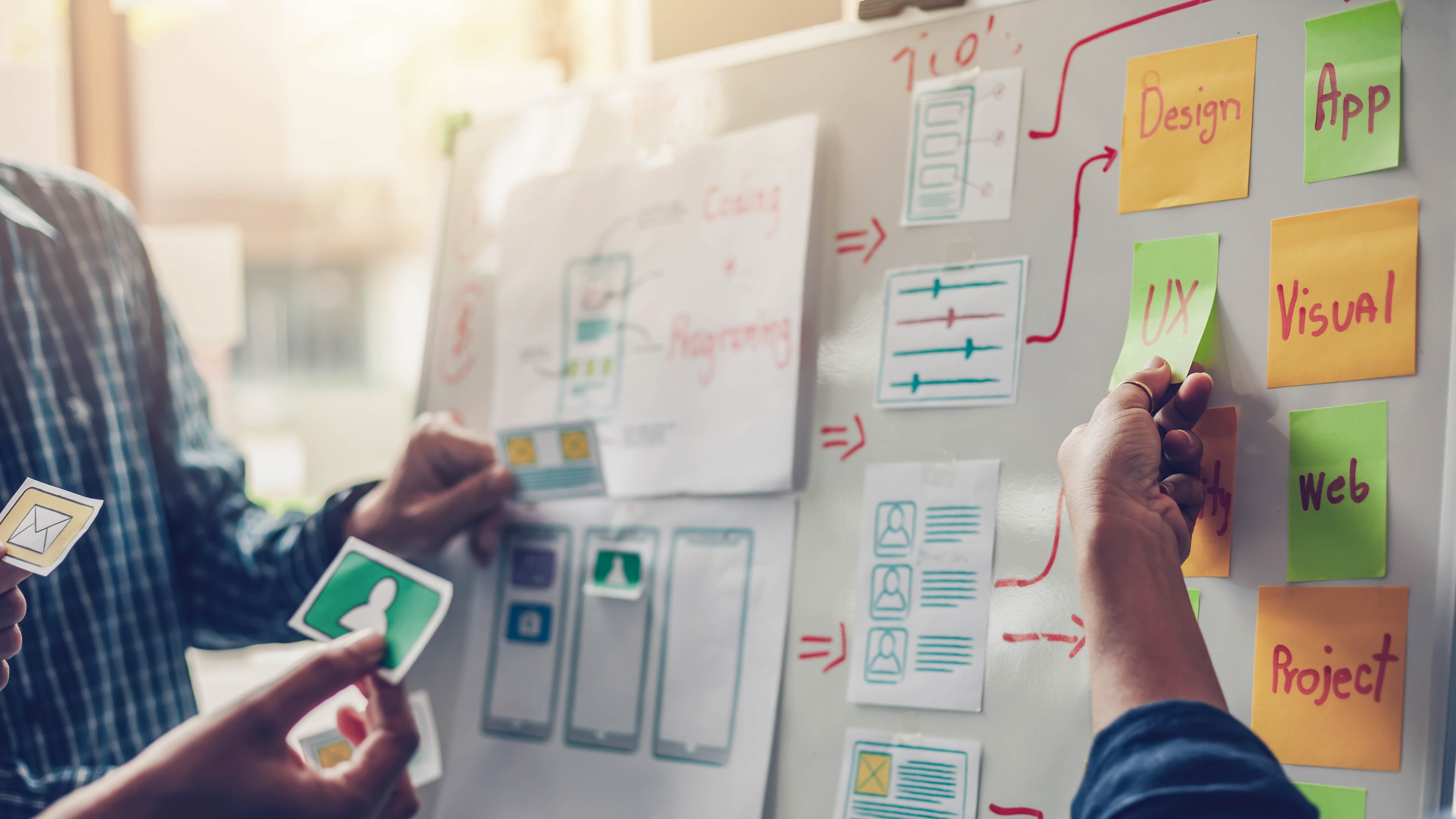 Hände platzieren bunte Notizen und Grafiken auf einem Whiteboard mit Konzepten zu Design und Programmierung.