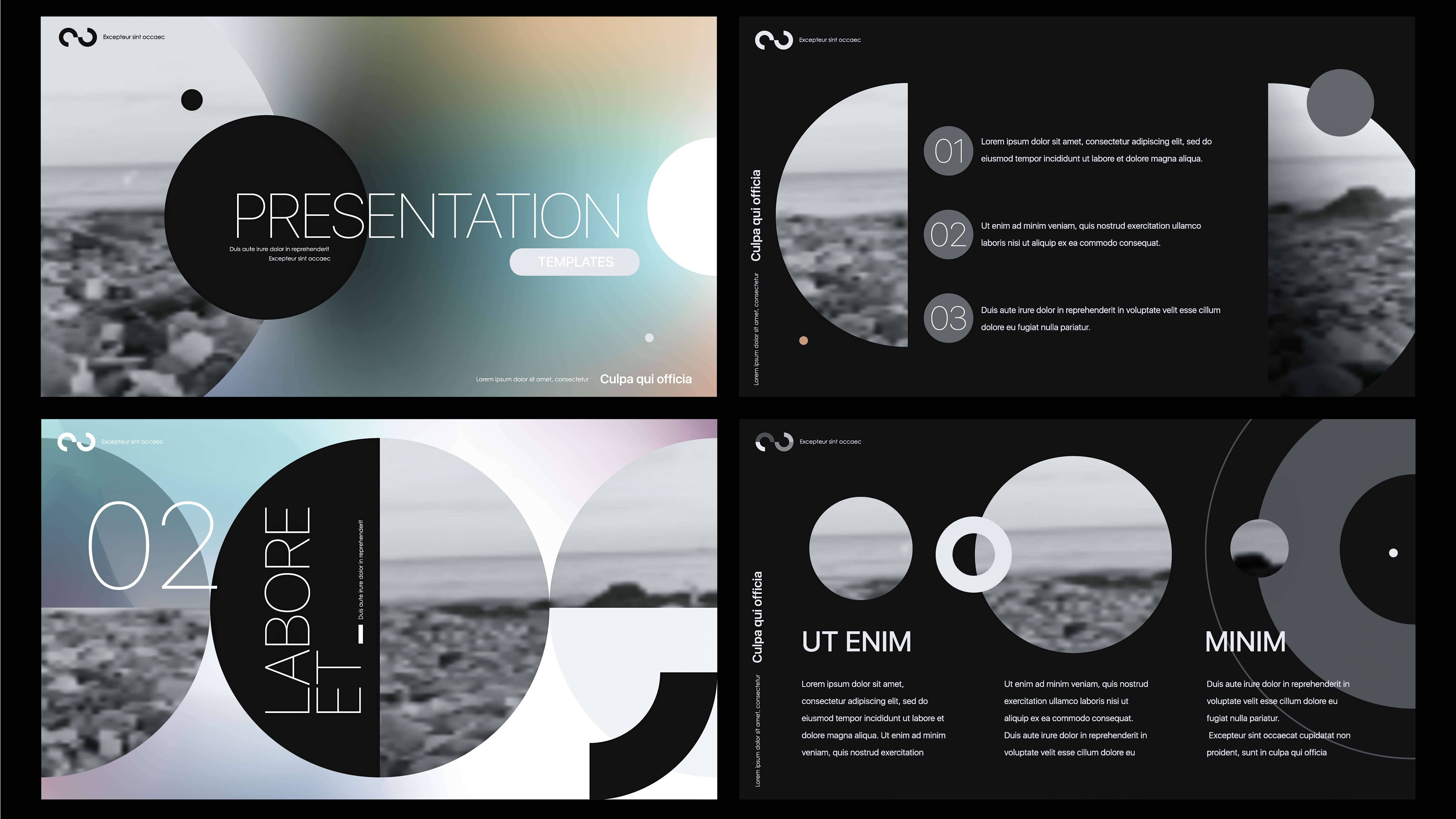 Grafische Präsentation mit mehreren Folien, geometrischen Formen und Texten in verschiedenen Farben und Schriftarten.