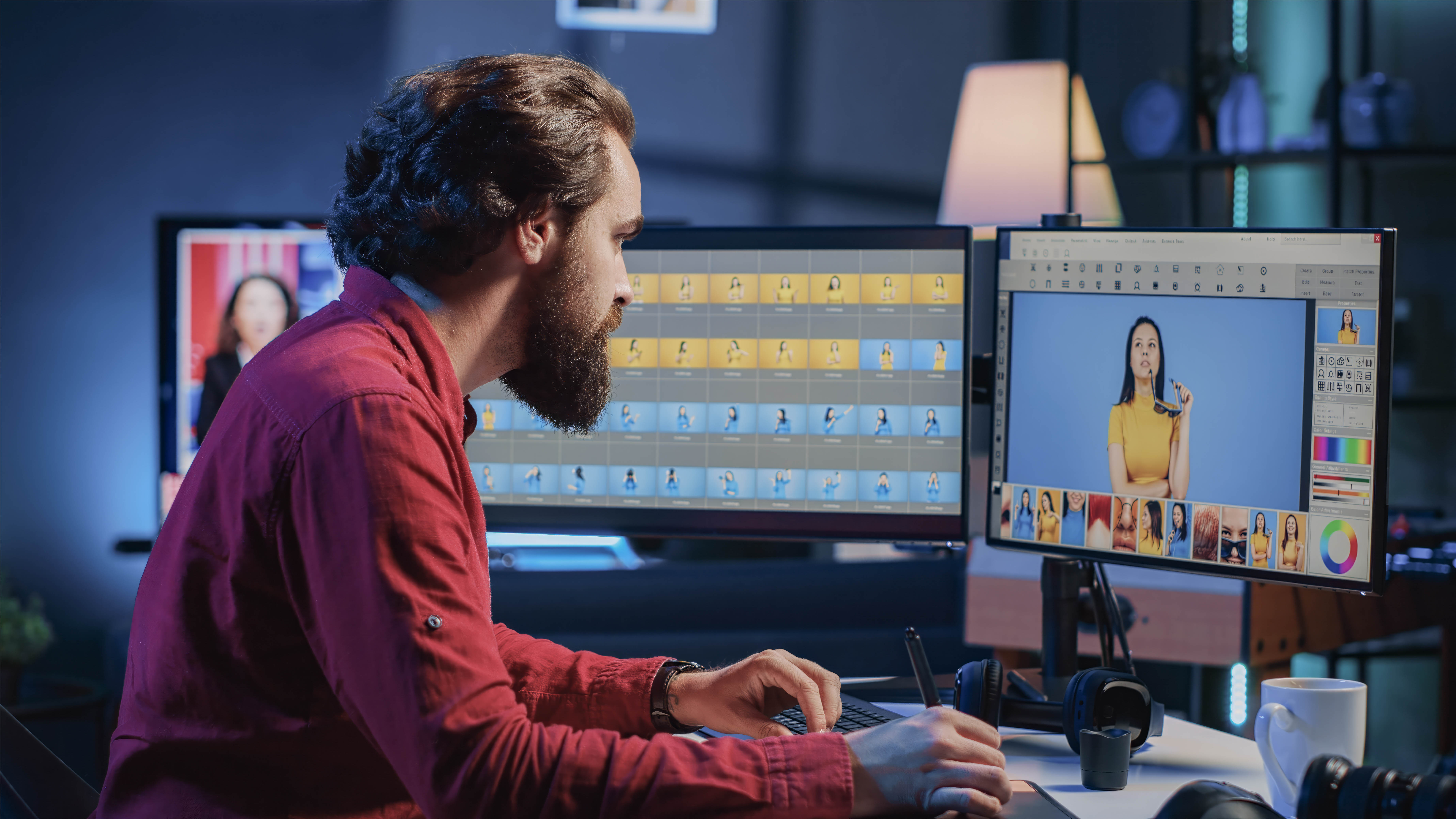 Ein Mann mit Bart arbeitet an einem Computer, auf dem Bilder bearbeitet werden.