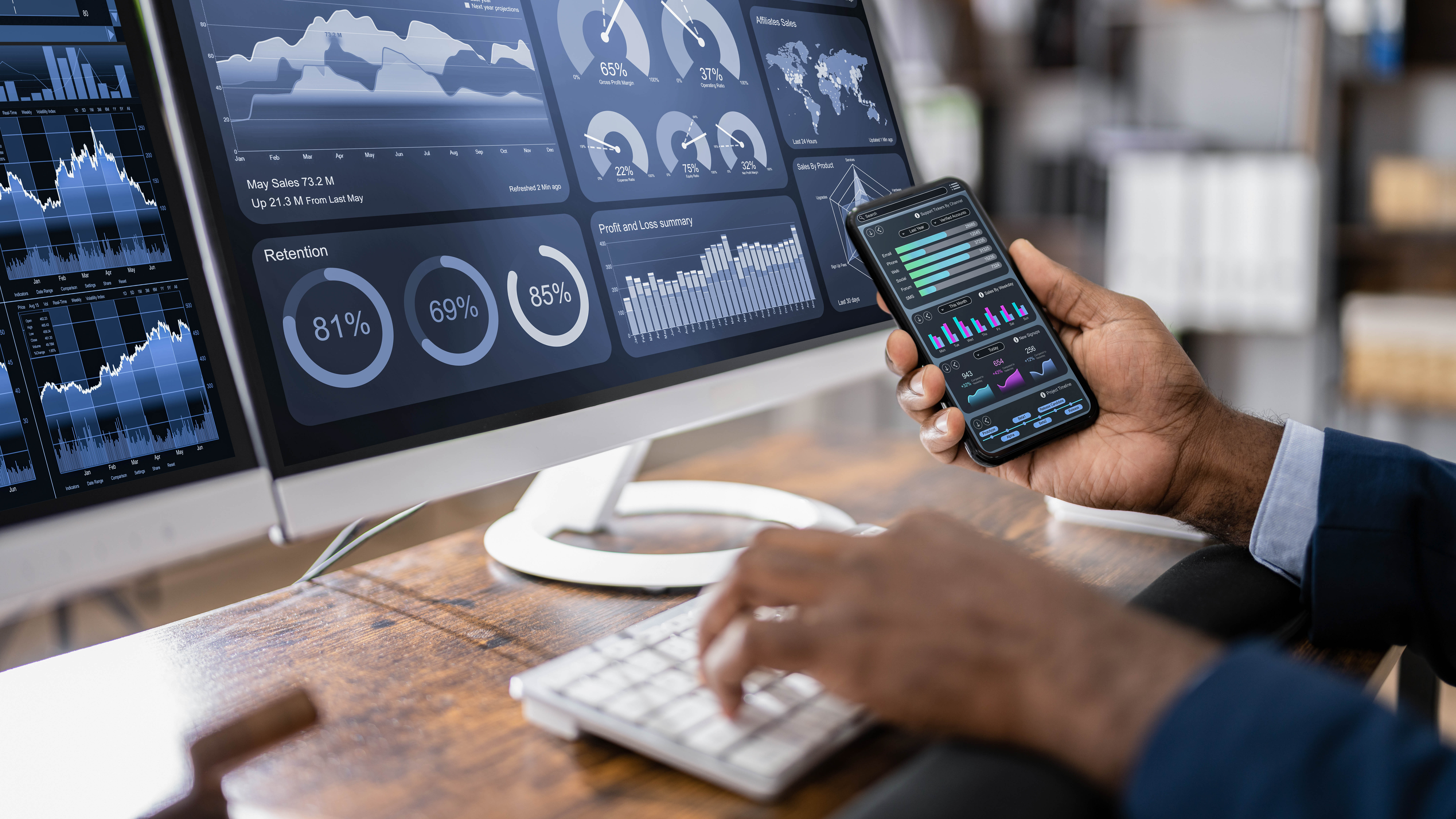 Eine Hand hält ein Smartphone mit Diagrammen, während die andere Hand eine Tastatur bedient, im Hintergrund ein Monitor mit Grafiken.