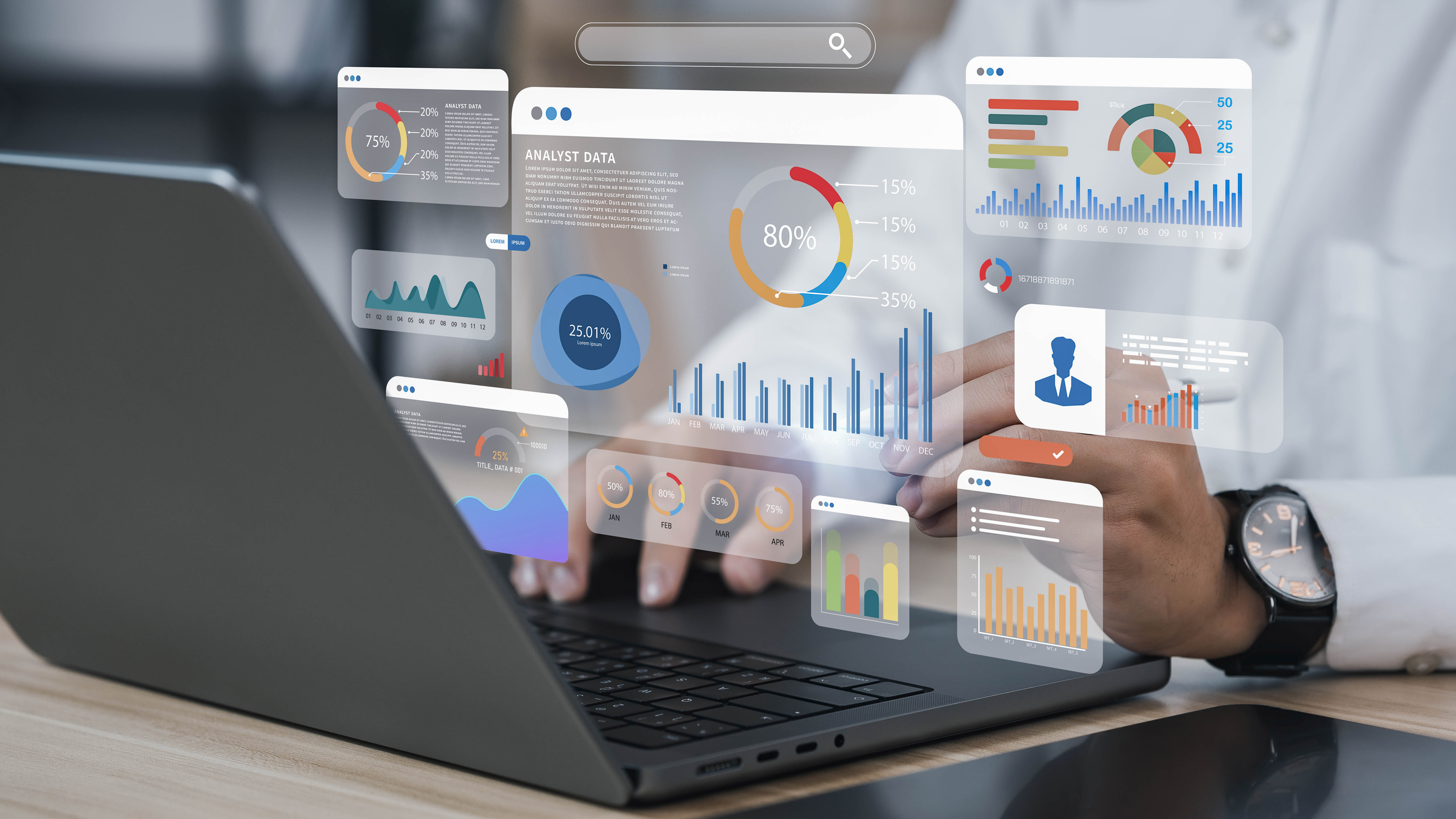 Ein Laptop mit grafischen Datenanalysen und Diagrammen auf dem Bildschirm, während eine Hand tippt.