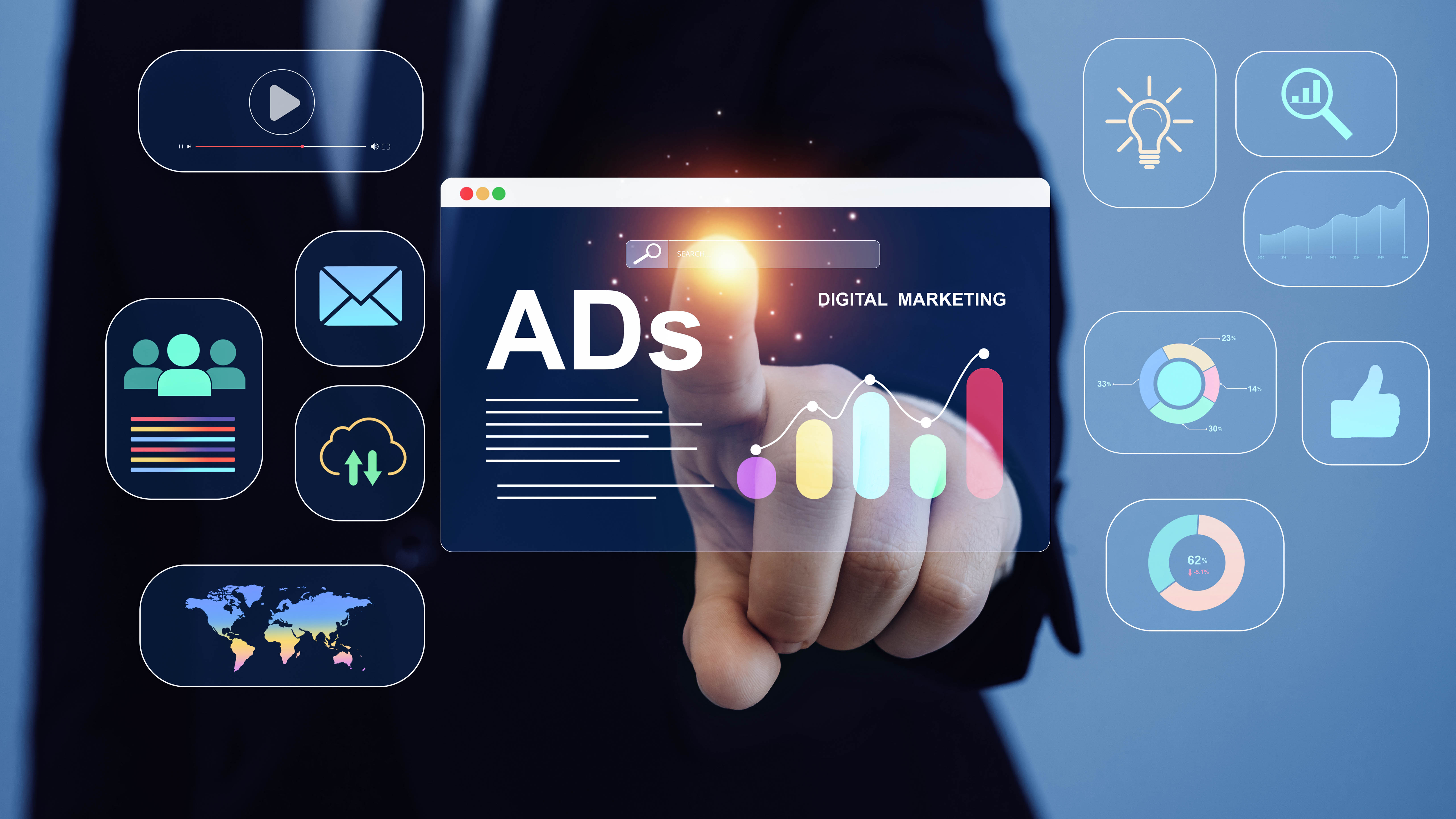 Hand zeigt auf ein digitales Dashboard mit Grafiken und Symbolen für digitales Marketing und Werbung.