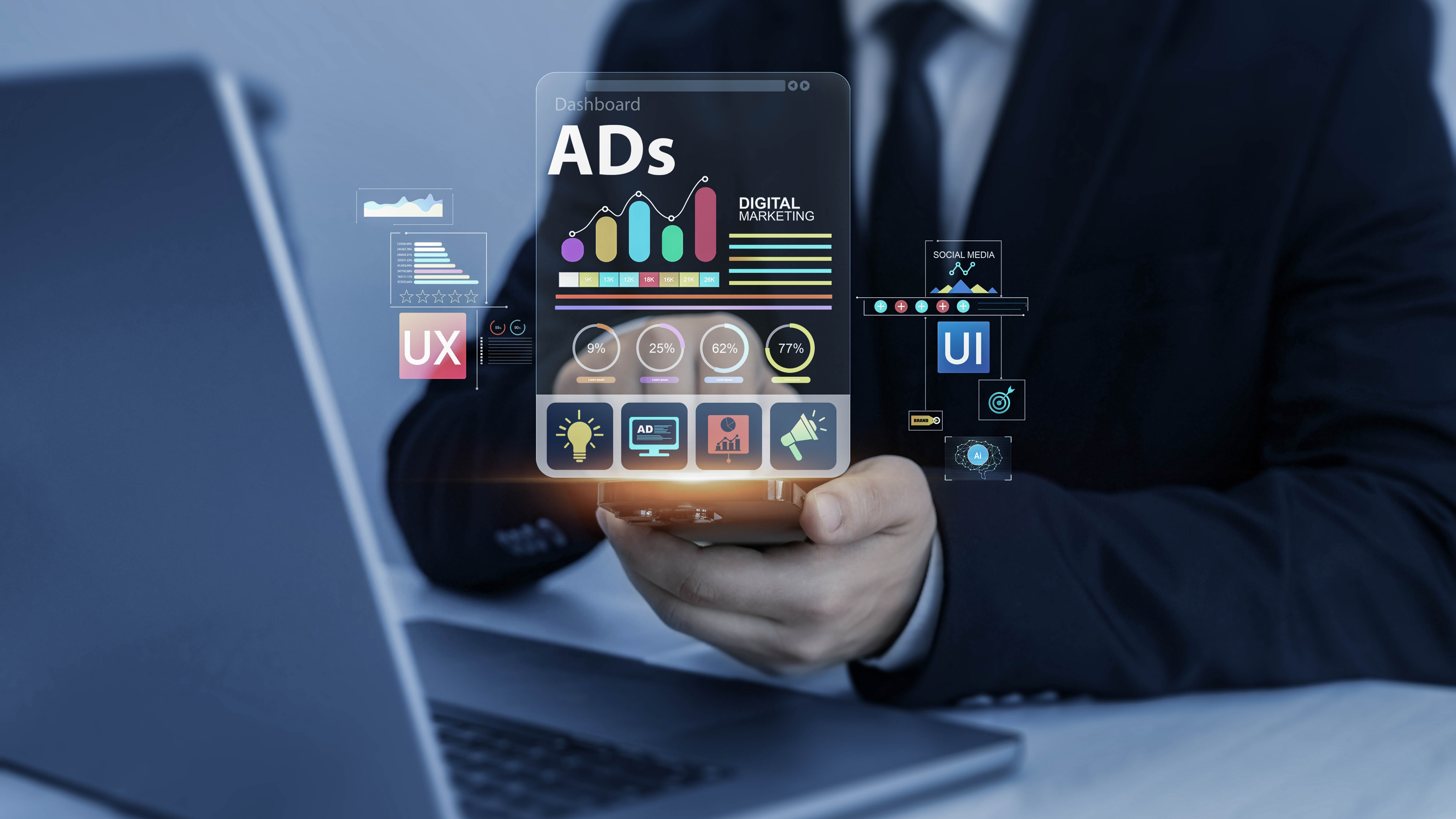 Ein Mann in Anzug hält ein digitales Dashboard mit Grafiken und Symbolen zu digitalem Marketing in der Hand.