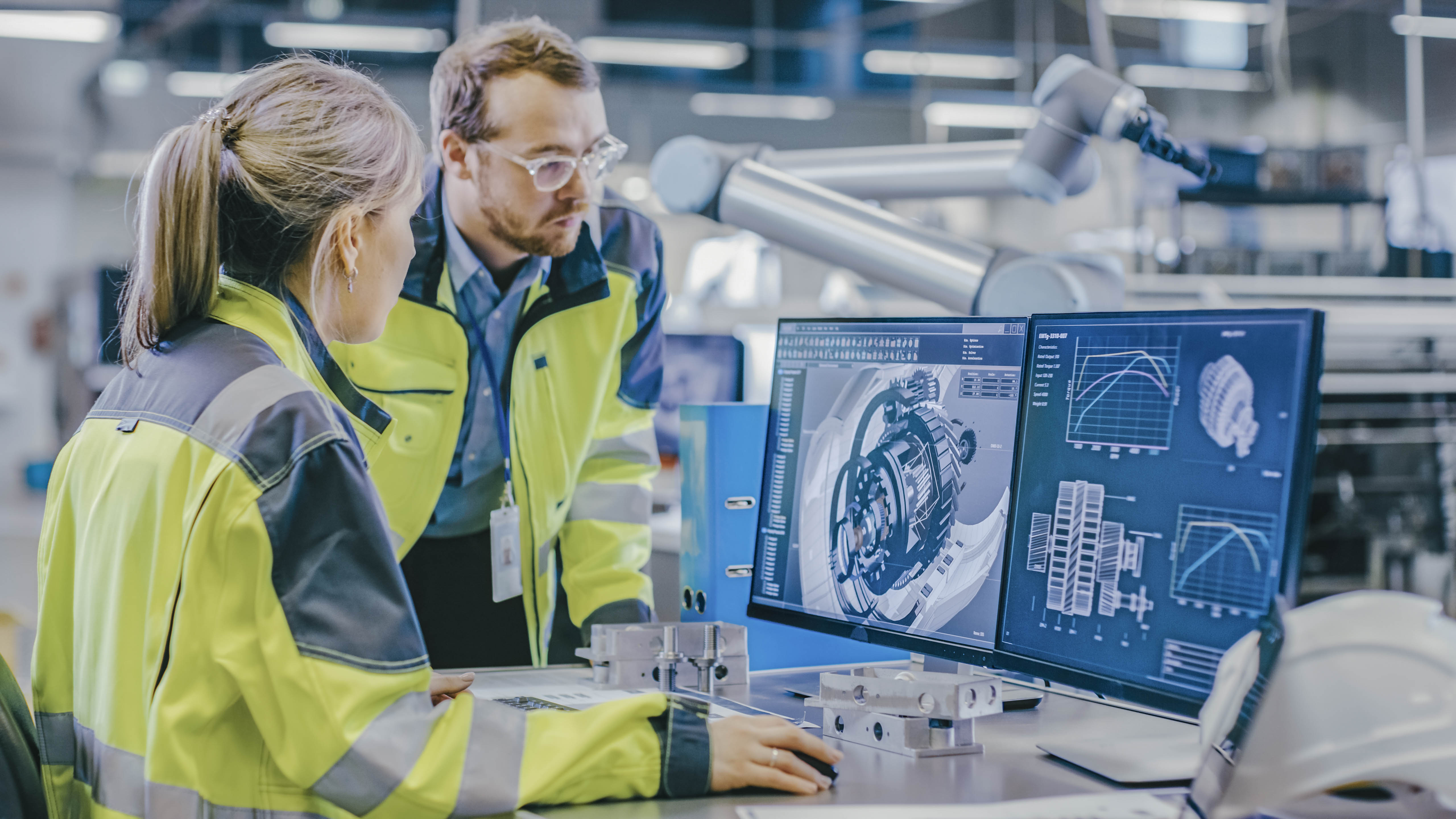 Zwei Personen in Arbeitskleidung betrachten technische Zeichnungen und Grafiken auf einem Computerbildschirm in einer Fabrik.