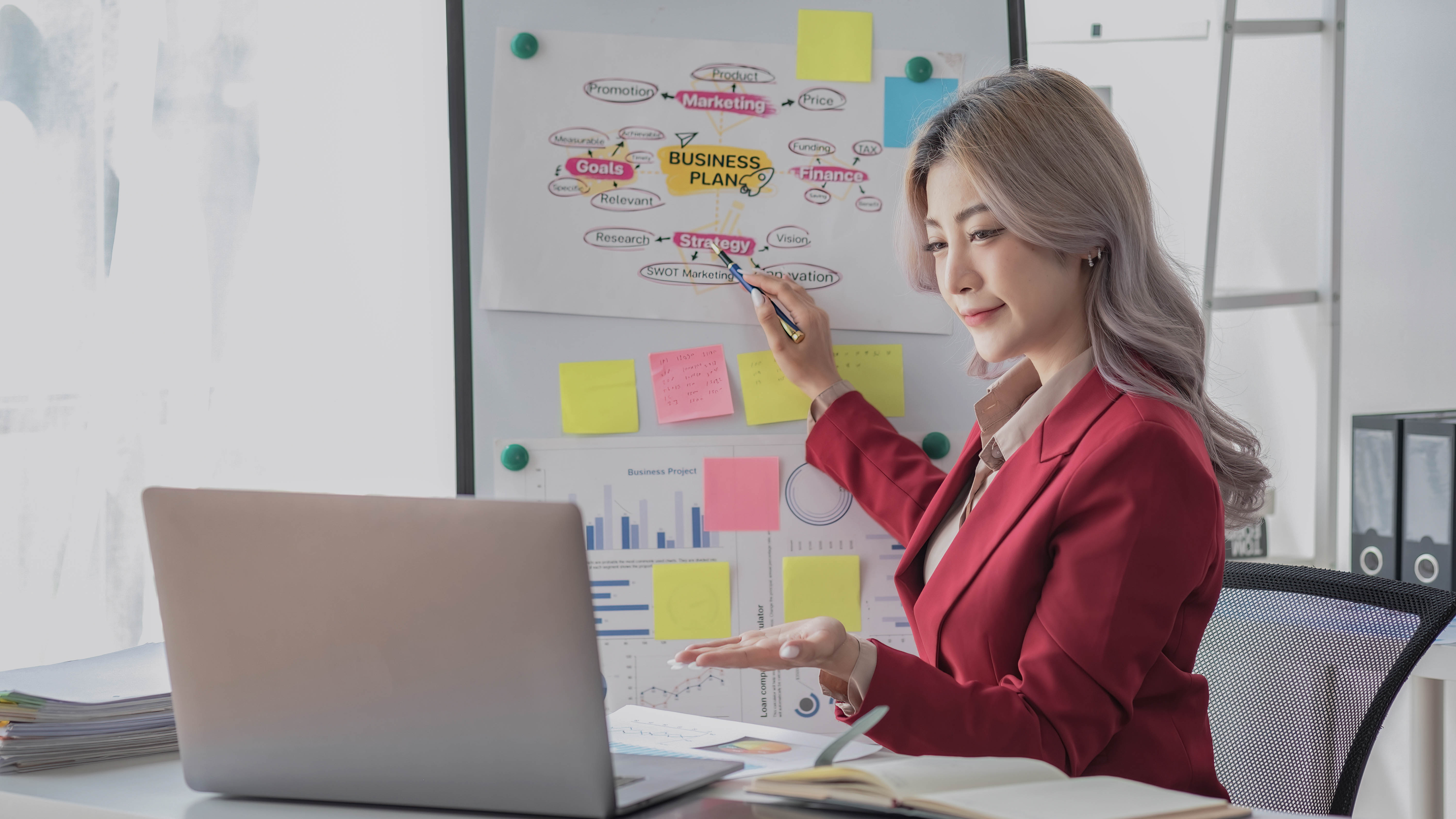 Eine Frau in einem roten Blazer präsentiert einen Business-Plan an einer Pinnwand mit Notizen und Diagrammen.