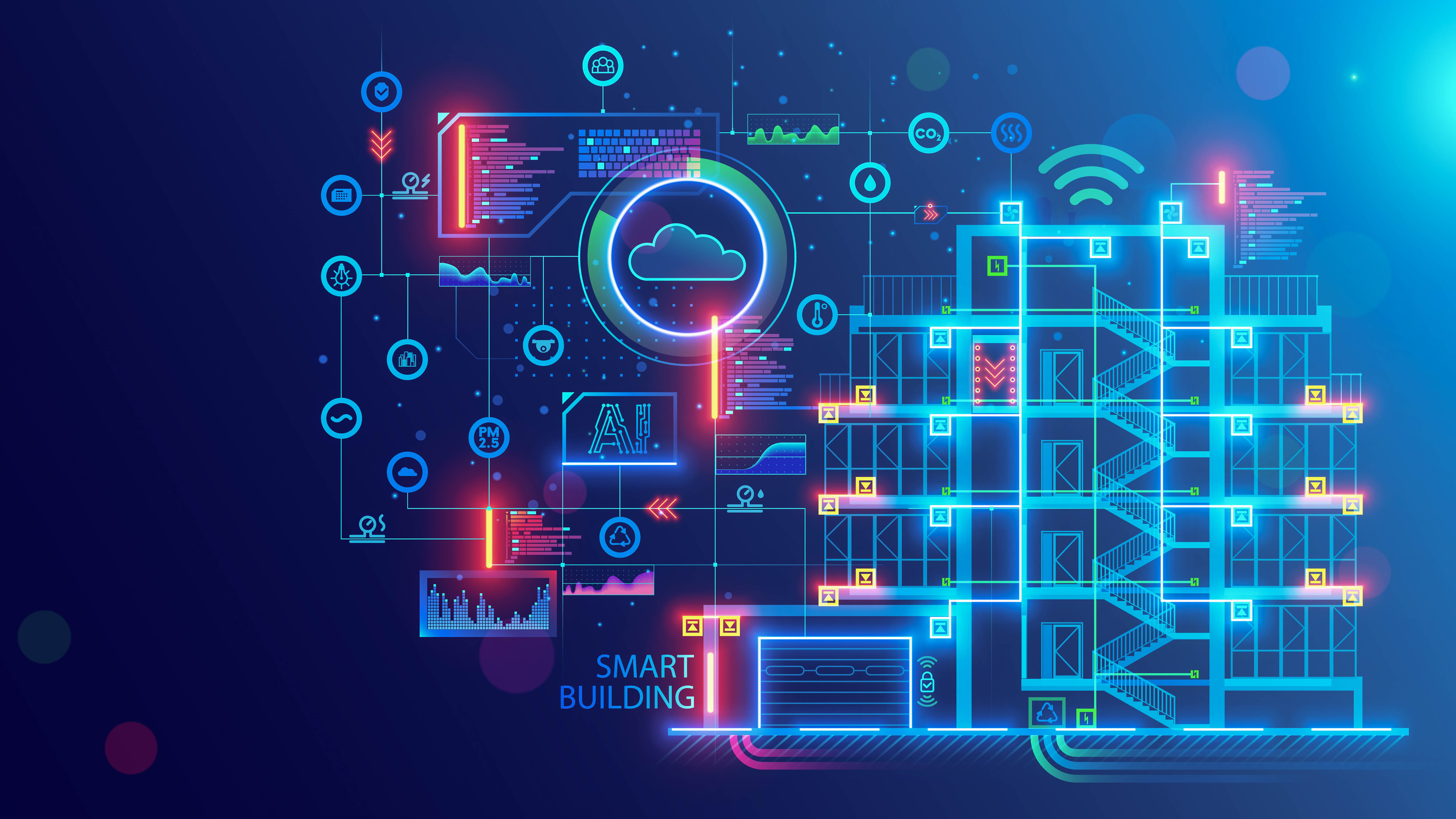 Grafische Darstellung eines Smart Buildings mit digitalen Elementen, Datenvisualisierungen und IoT-Symbolen.