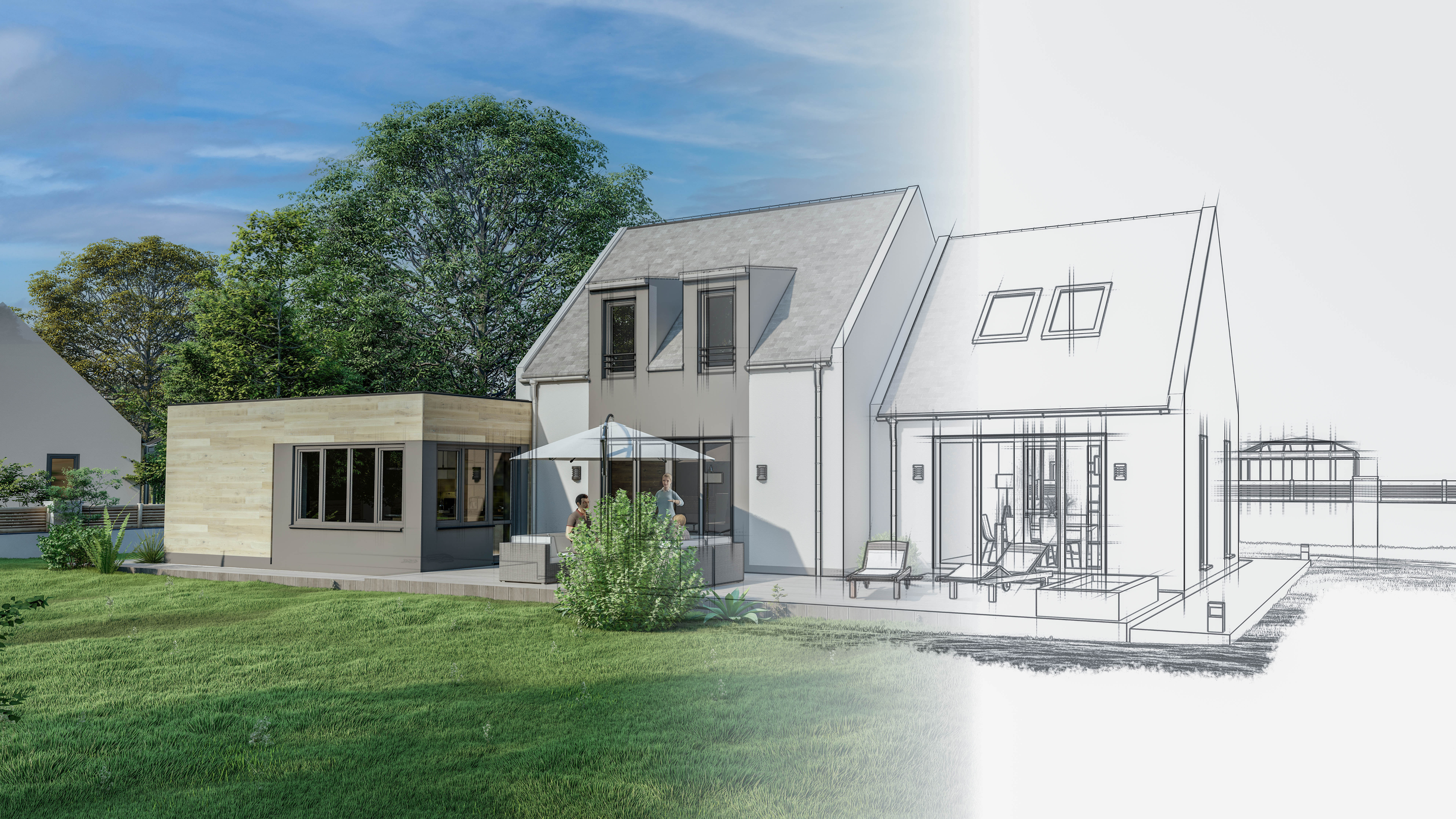 Moderne Hausansicht mit Anbau, Garten und Skizze des Gebäudes im Hintergrund.
