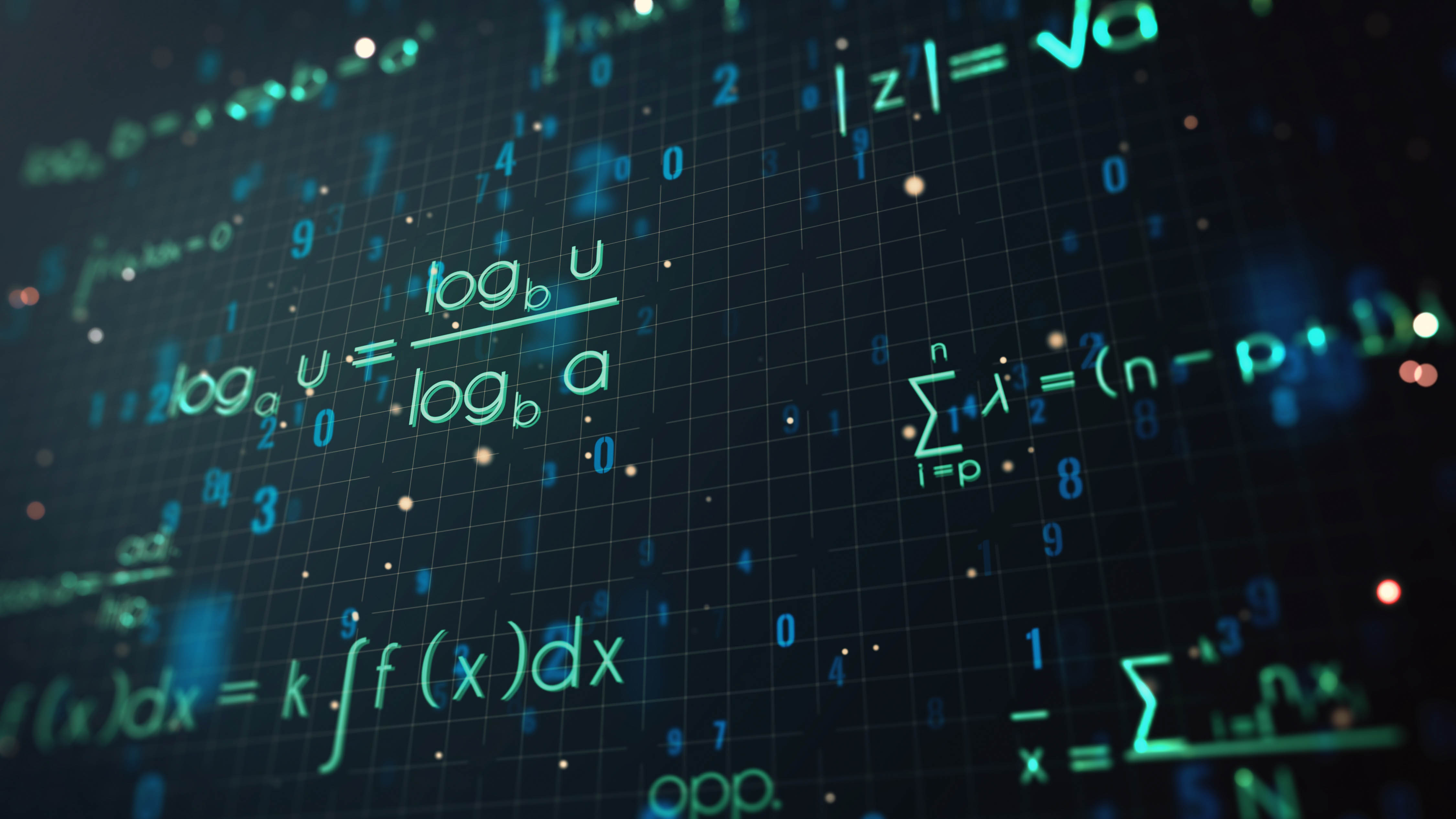 Mathematische Formeln und Symbole auf einem digitalen Hintergrund mit Zahlen und einem Gittermuster.