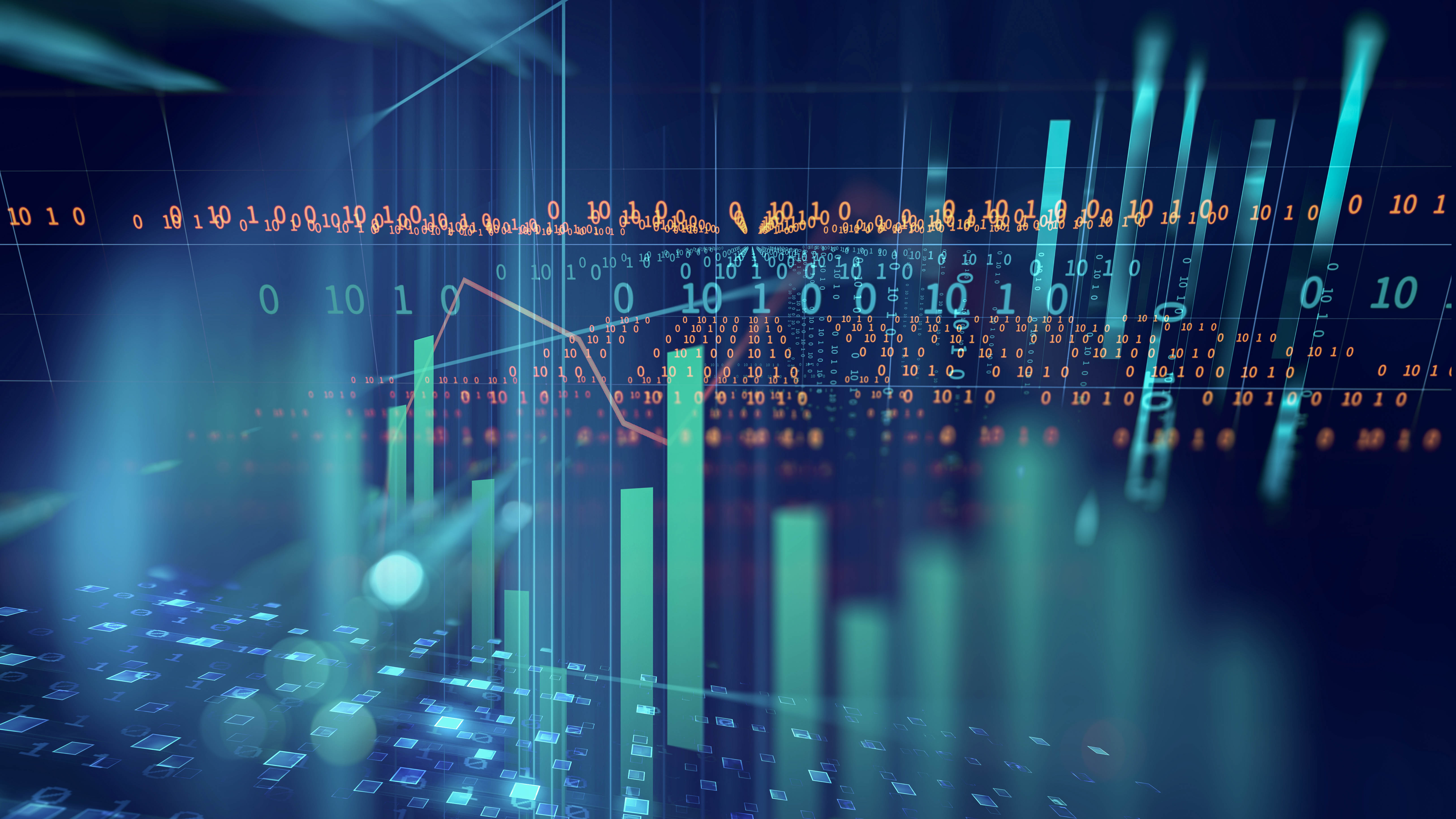 Grafische Darstellung von Datenanalysen mit Balkendiagrammen, Zahlen und digitalen Elementen auf einem blauen Hintergrund.