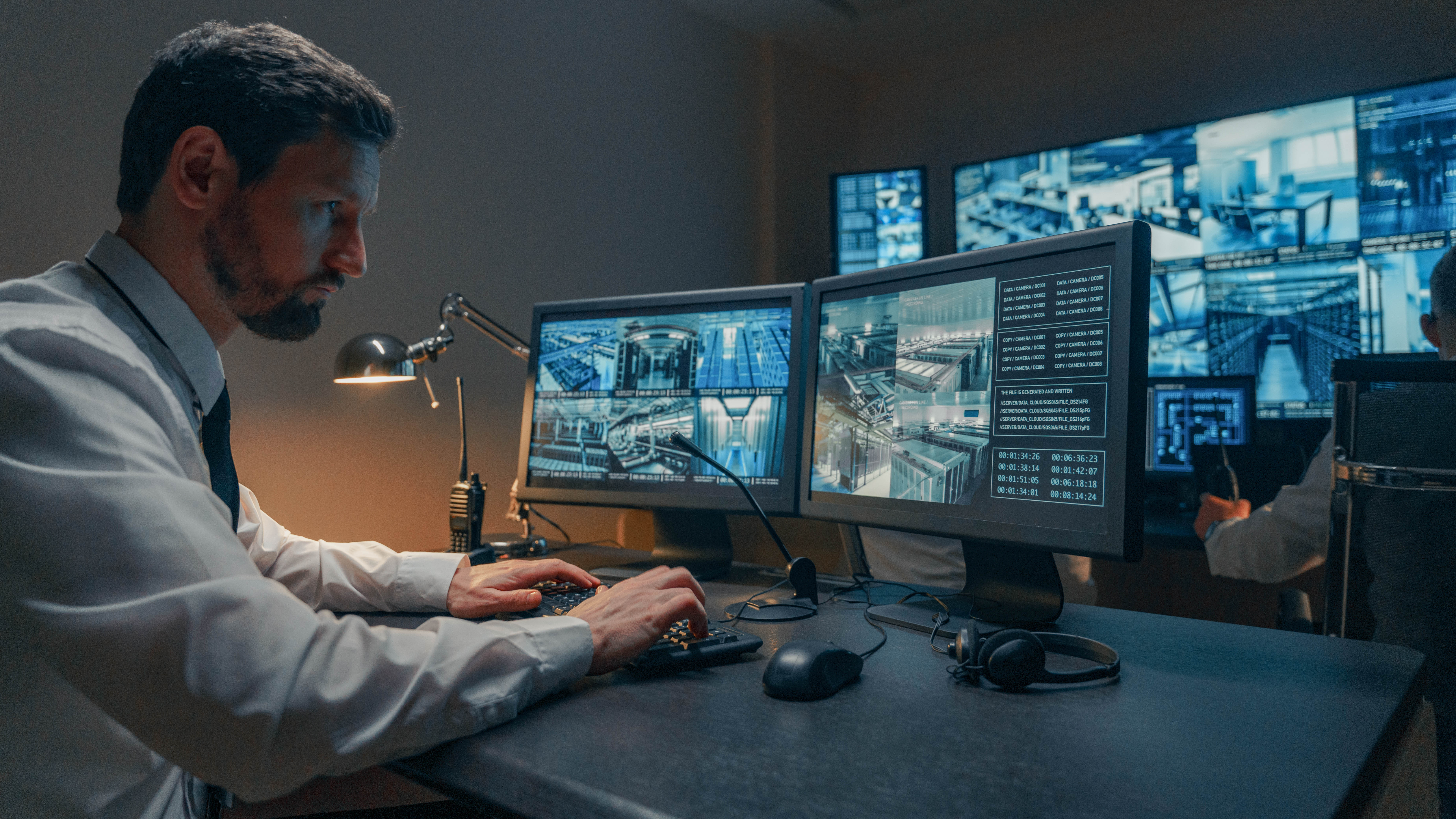 Ein Mann in einem Anzug arbeitet an zwei Monitoren, die Überwachungsbilder und Daten anzeigen.