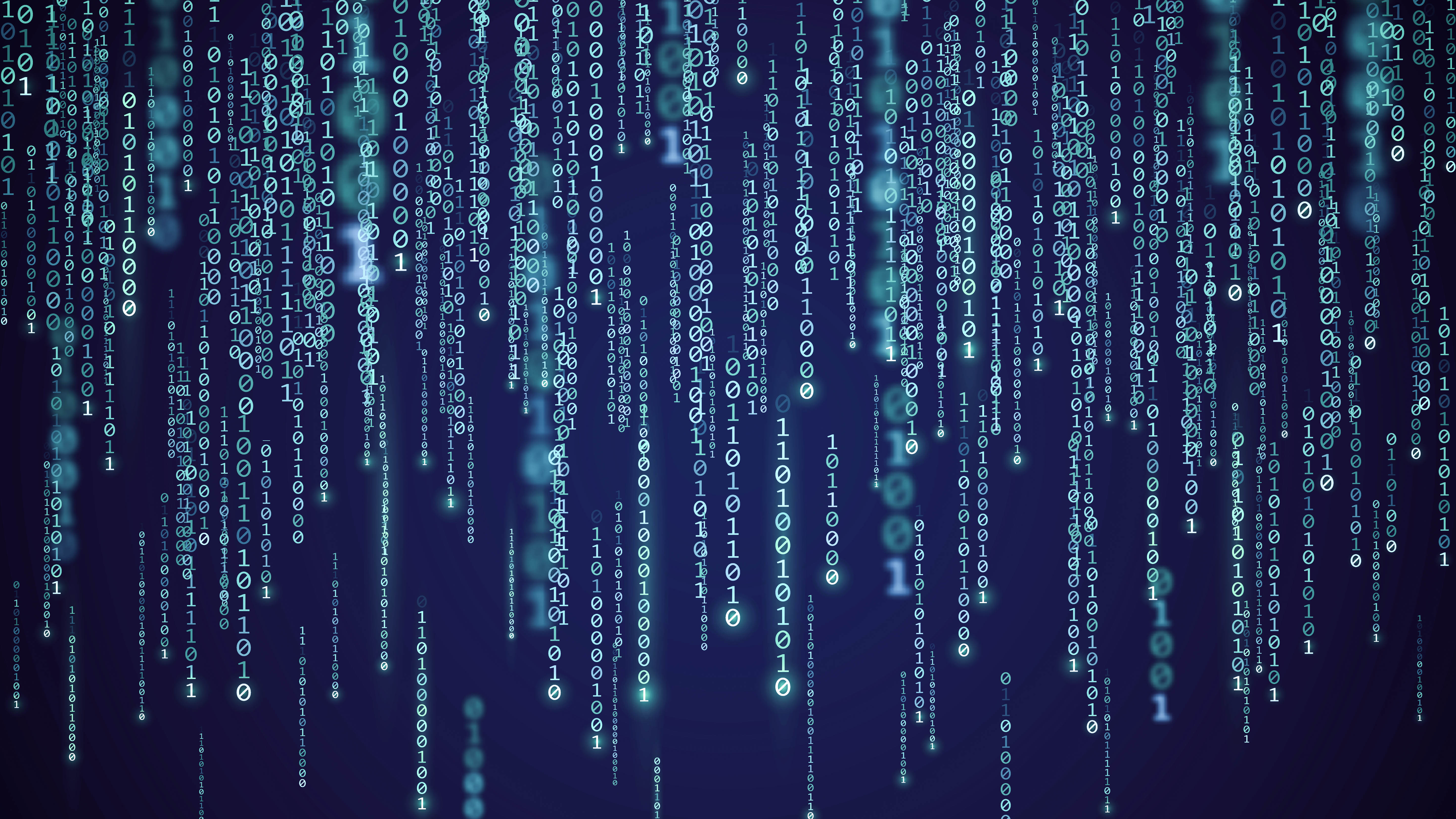 Digitale Darstellung von fallenden binären Zahlen in Blau- und Grüntönen auf dunklem Hintergrund.