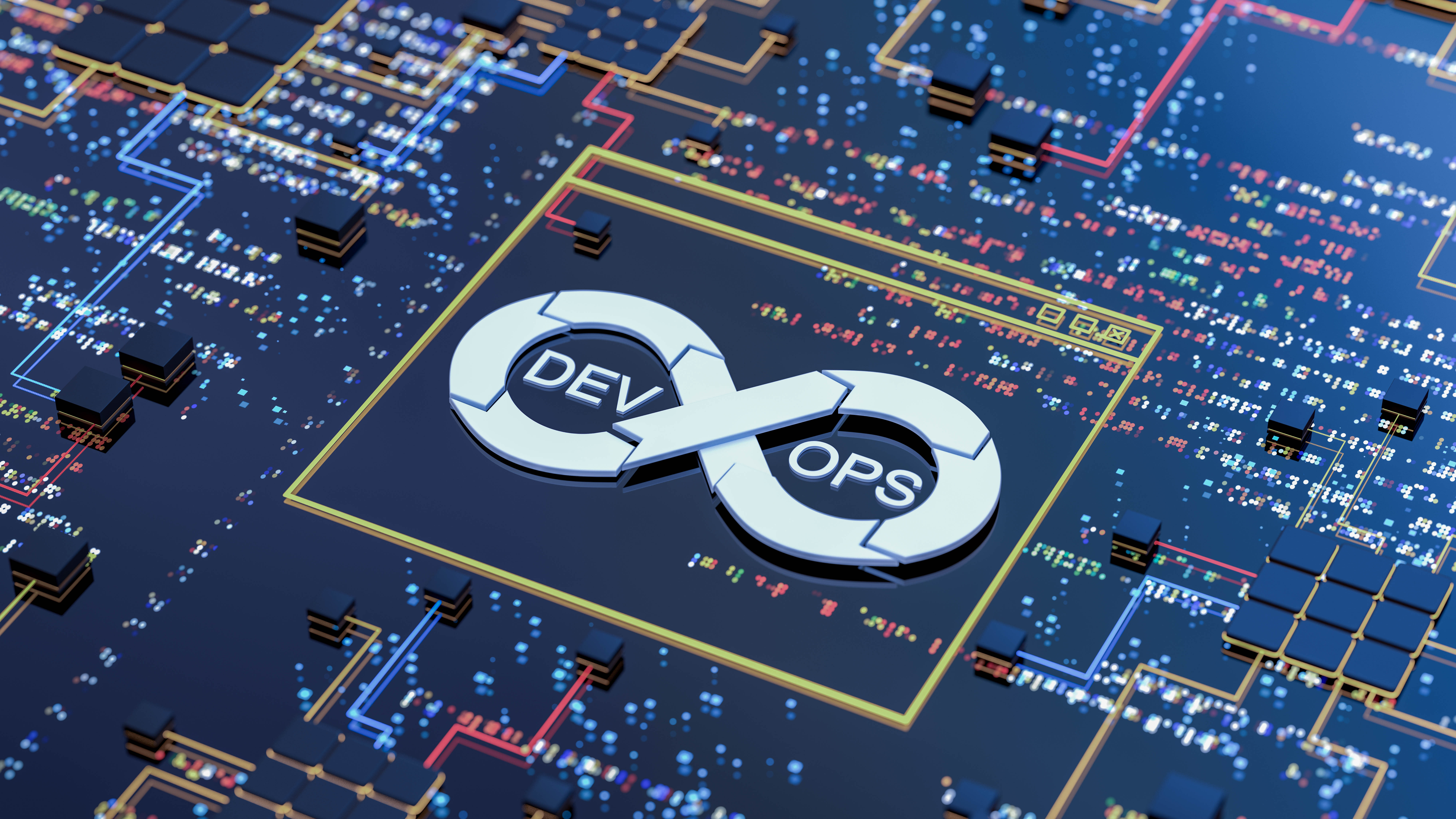 Logo von DevOps auf einem digitalen Schaltkreis-Hintergrund mit leuchtenden Linien und Knotenpunkten.