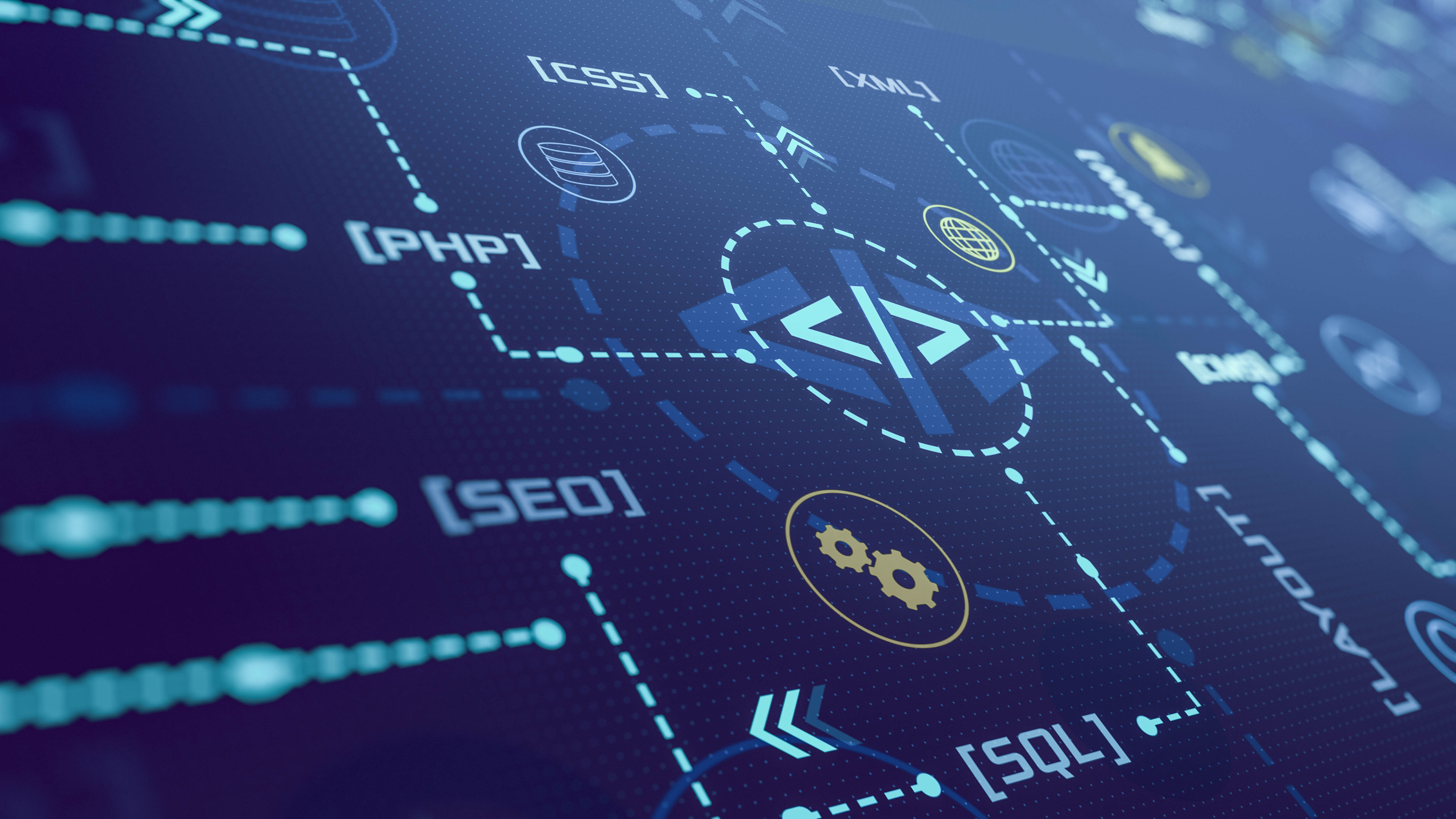 Grafische Darstellung von Programmier- und Webtechnologien wie PHP, CSS, SQL und SEO auf einem digitalen Hintergrund.