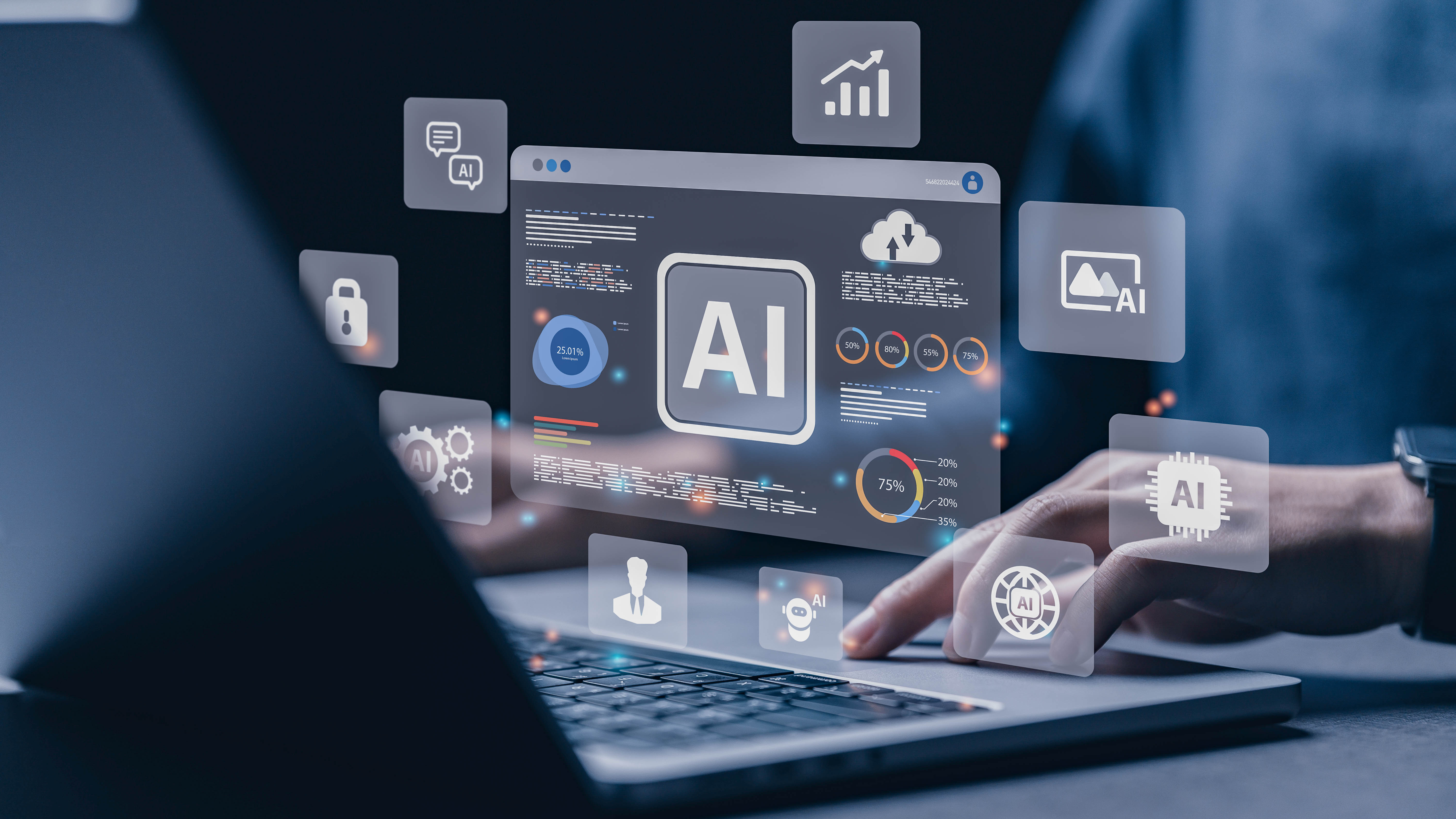 Interaktive Benutzeroberfläche mit Grafiken und Symbolen zu Künstlicher Intelligenz auf einem Laptop.