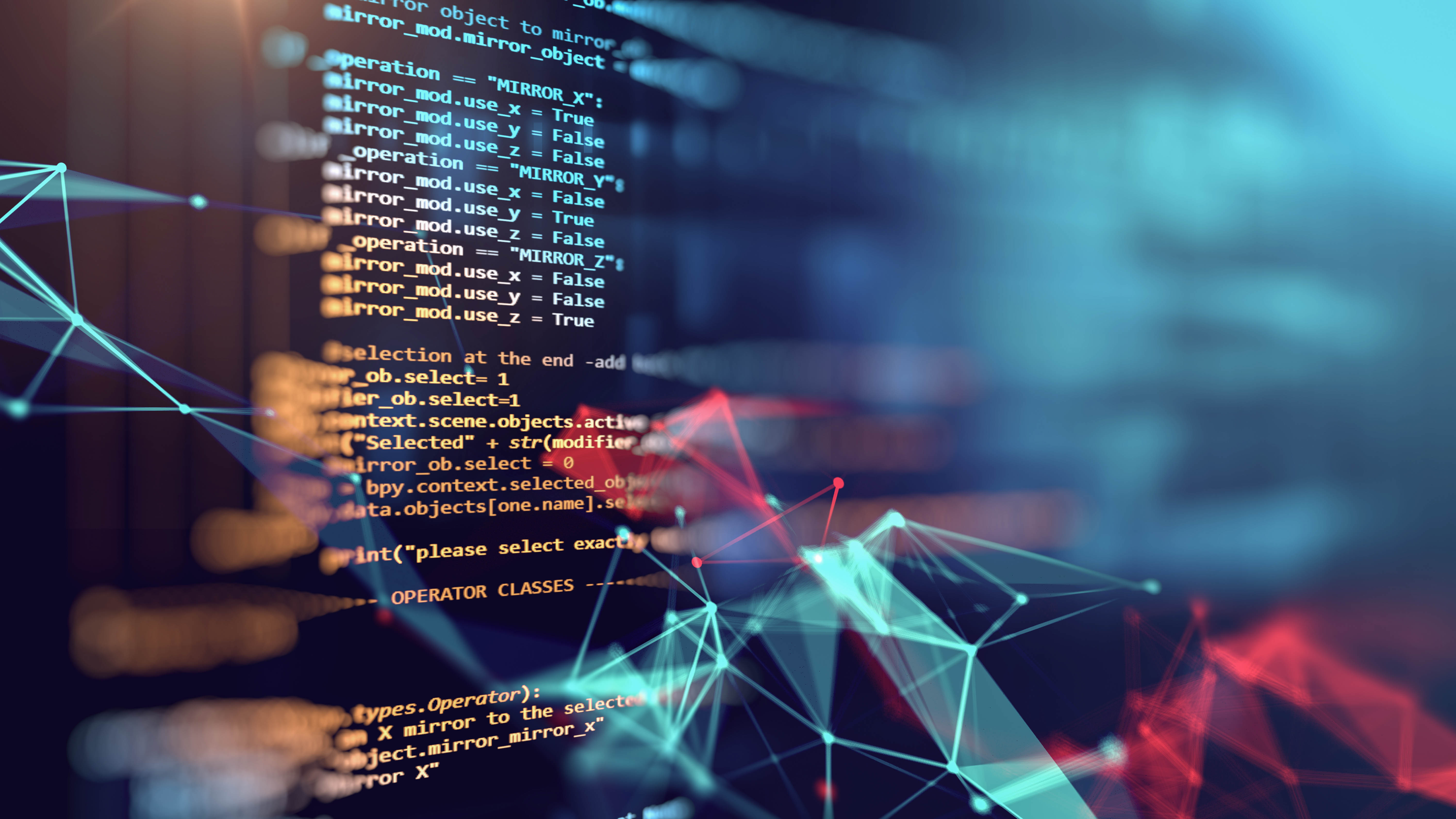 Codezeilen auf einem Bildschirm mit grafischen Elementen, die ein Netzwerk oder Datenvisualisierung darstellen.