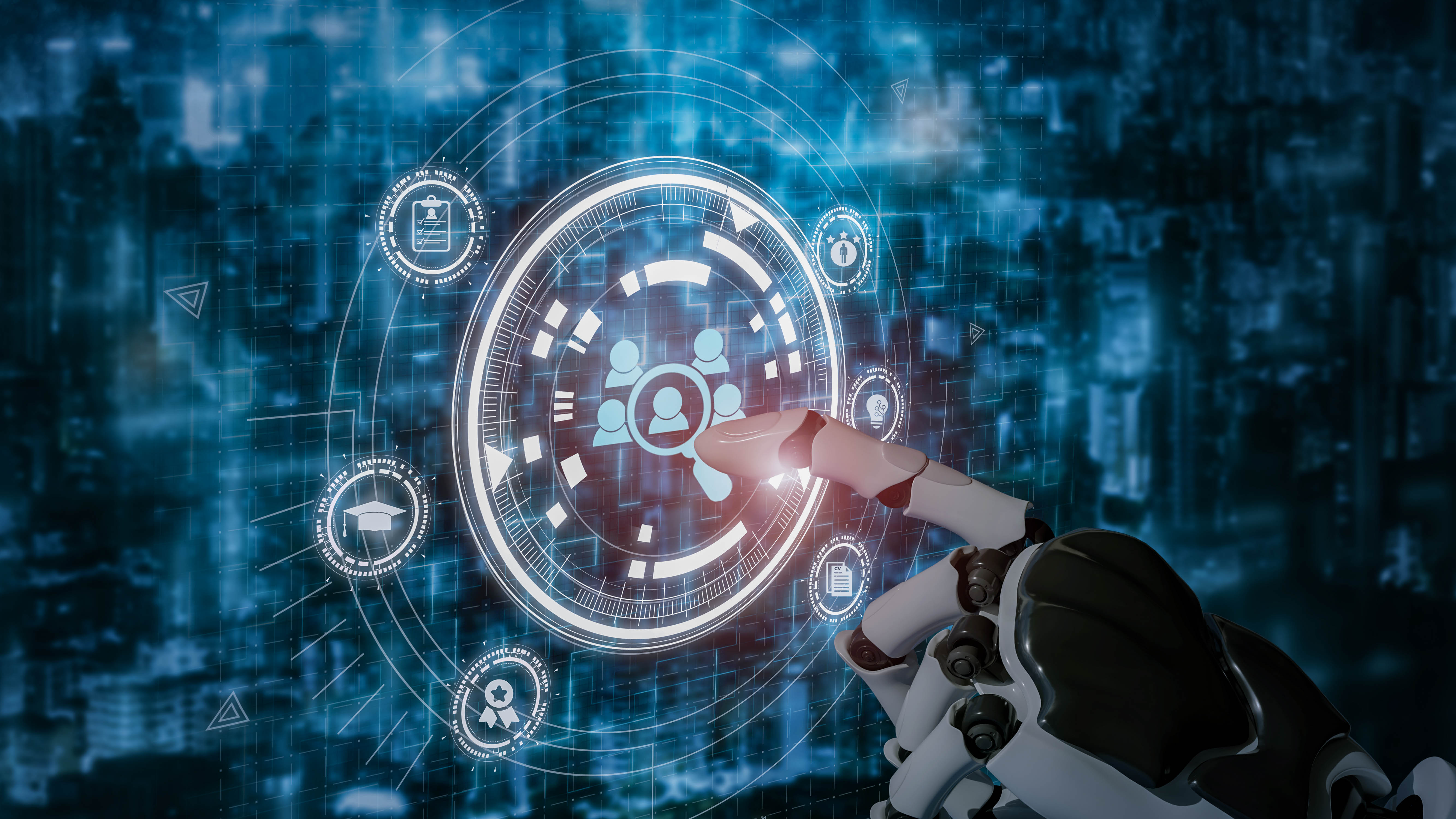 Roboterhand berührt ein digitales Interface mit Symbolen für Benutzer und Bildung in einem futuristischen Hintergrund.