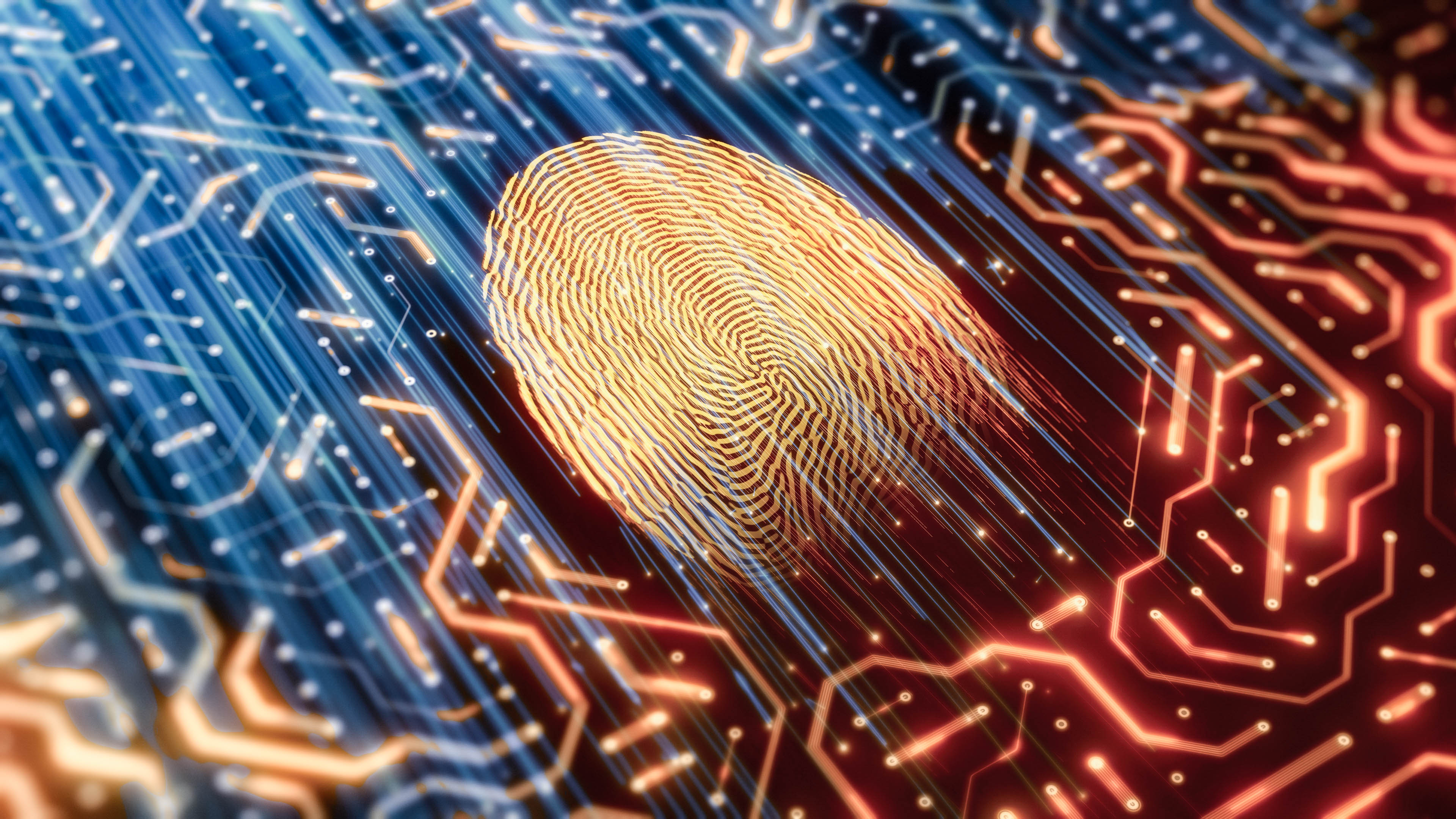 Fingerabdruck vor einem Hintergrund aus digitalen Schaltkreisen und Lichtstrahlen in Blau und Orange.