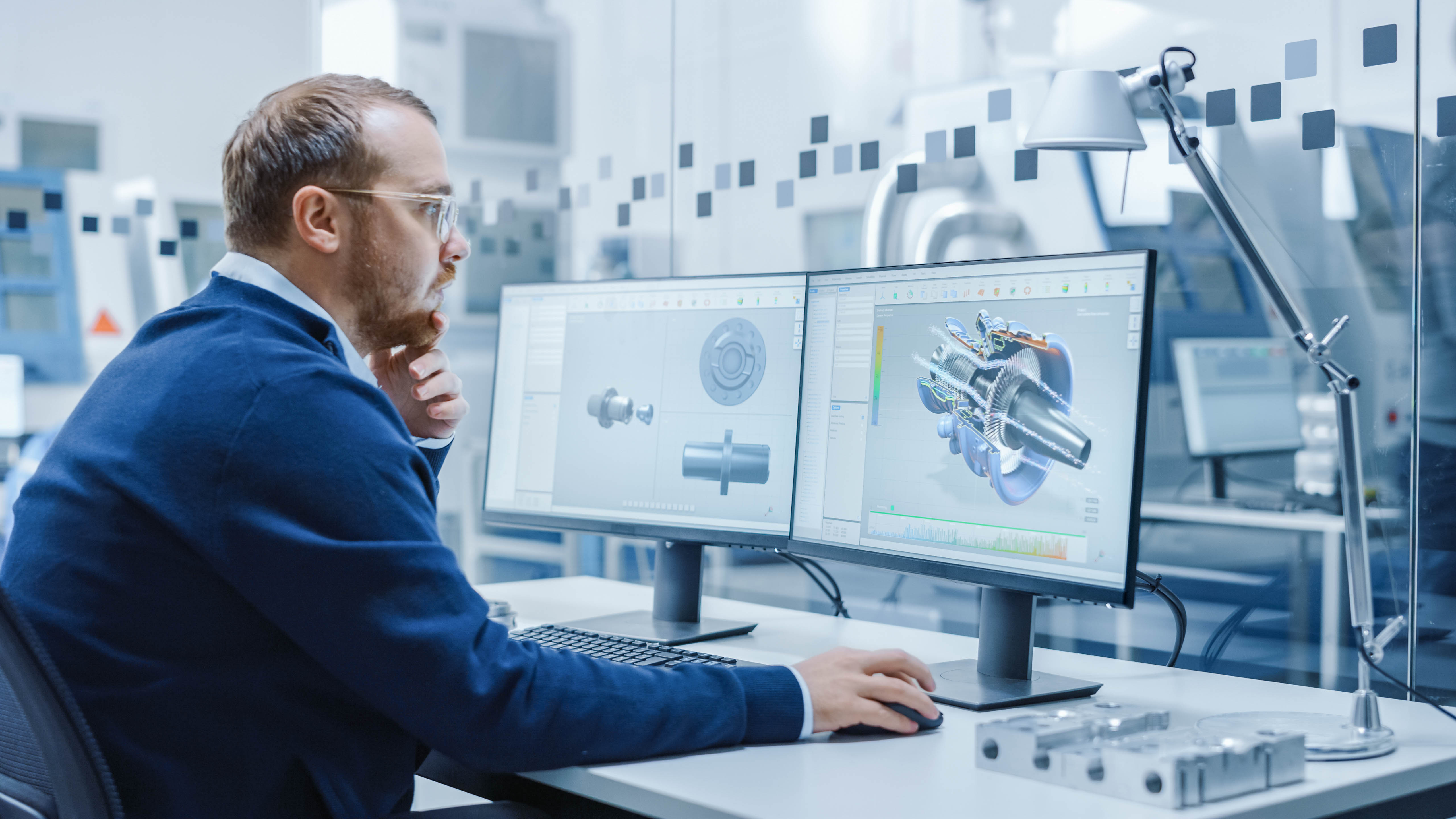 Ein Mann sitzt an einem Schreibtisch und arbeitet an zwei Monitoren mit technischen Zeichnungen von Maschinenbauteilen.