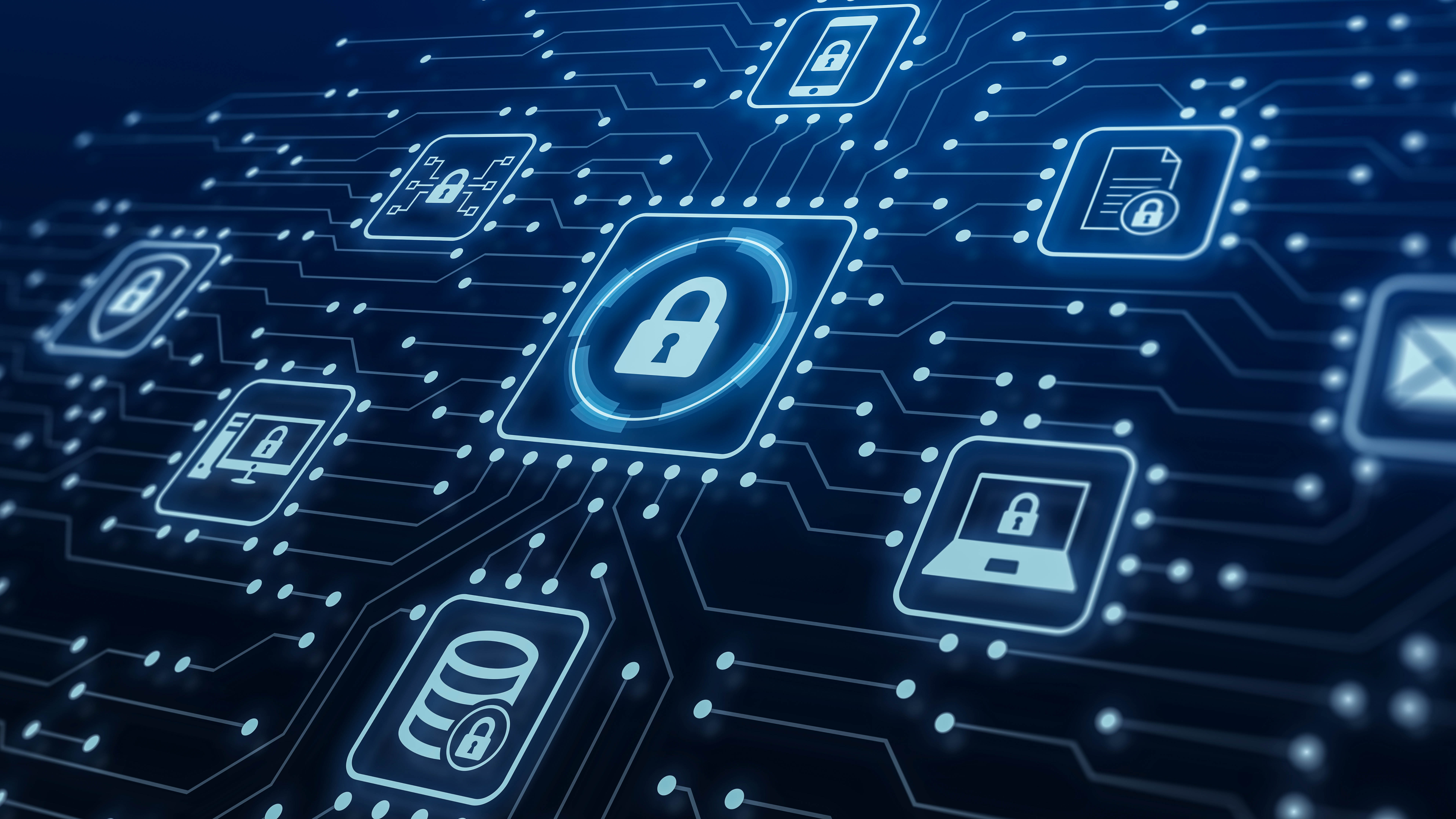 Grafik mit verschiedenen Symbolen für Datensicherheit und Verschlüsselung auf einem digitalen Schaltkreis-Hintergrund.