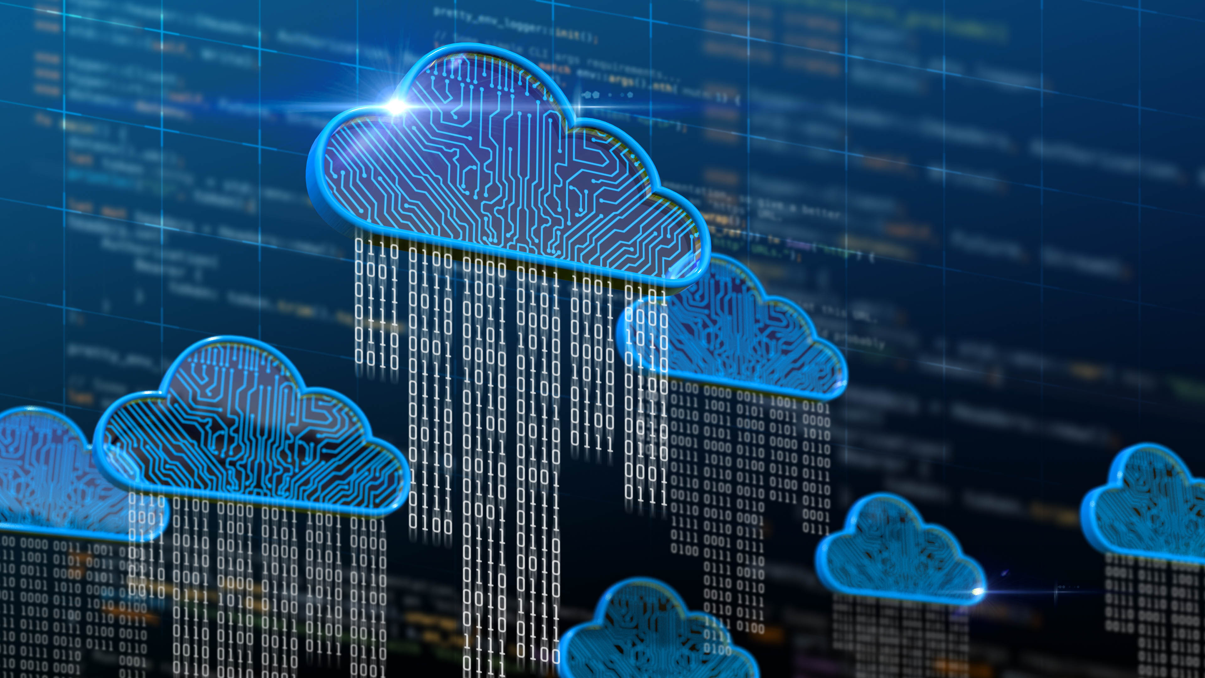 Digitale Wolken mit binären Zahlen, die von ihnen herabregnen, vor einem Hintergrund aus Programmiercode.
