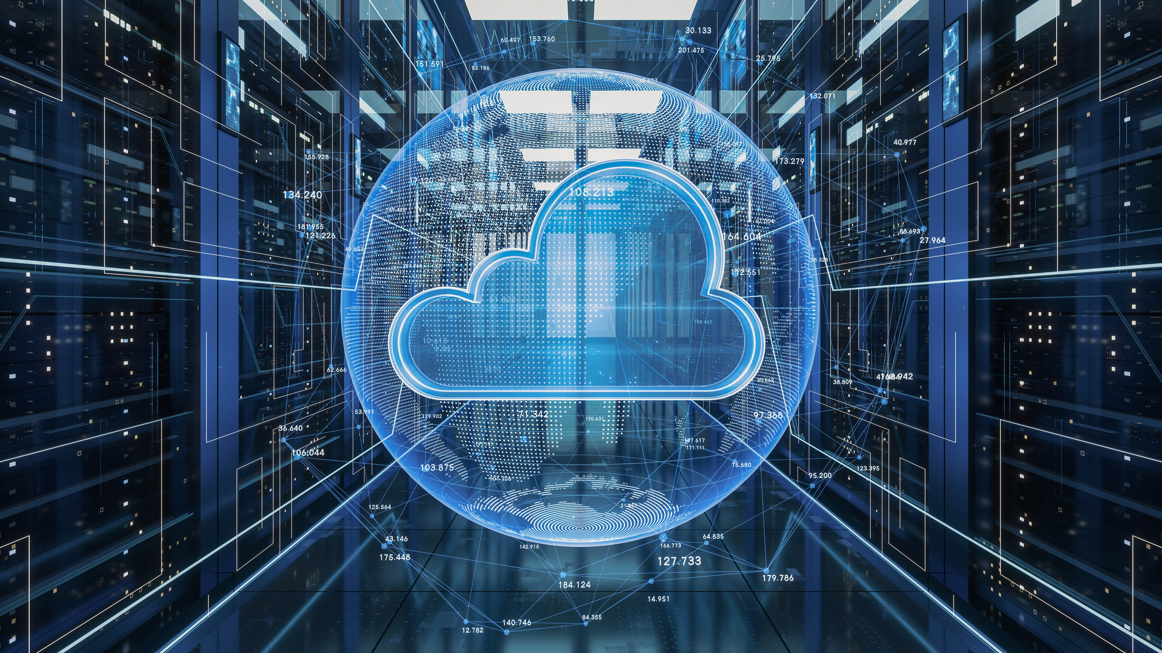 Digitale Darstellung einer Wolke in einem Serverraum, umgeben von Datenströmen und Netzwerkverbindungen.