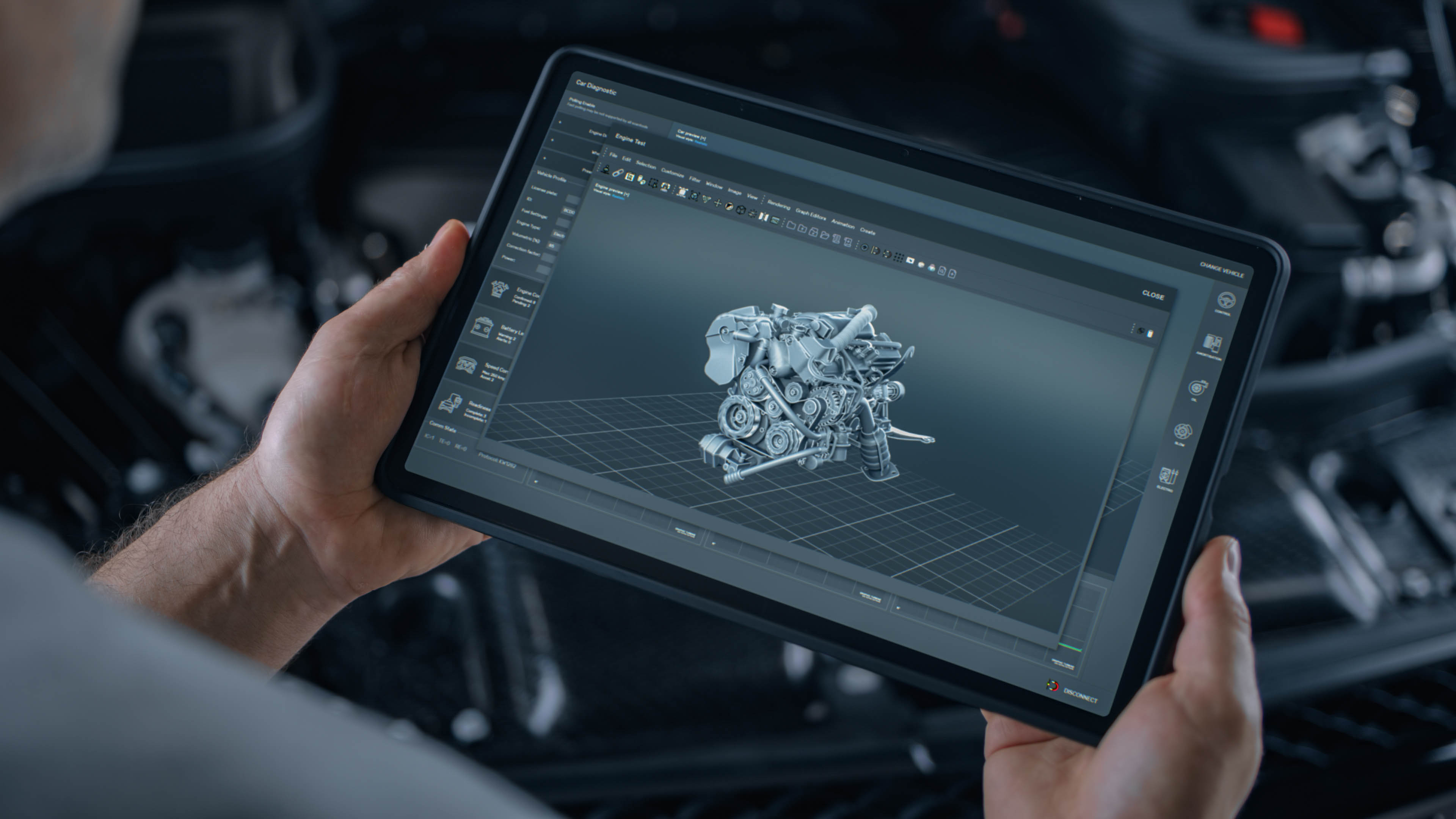 Eine Person hält ein Tablet, auf dem ein 3D-Modell eines Automotors angezeigt wird.