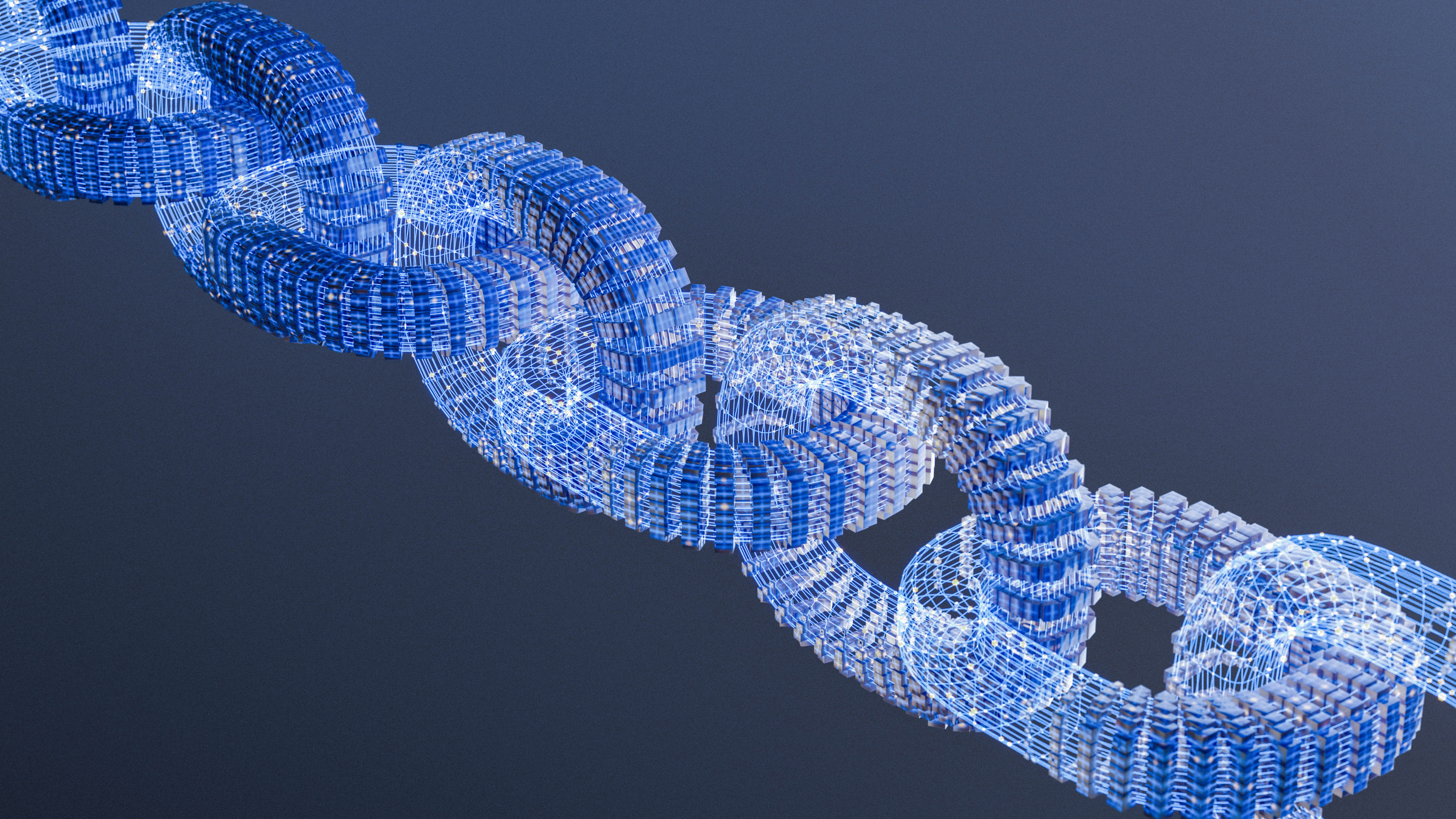 Eine digitale Darstellung einer Kette aus blauen, transparenten Gliedern mit einem futuristischen Design.