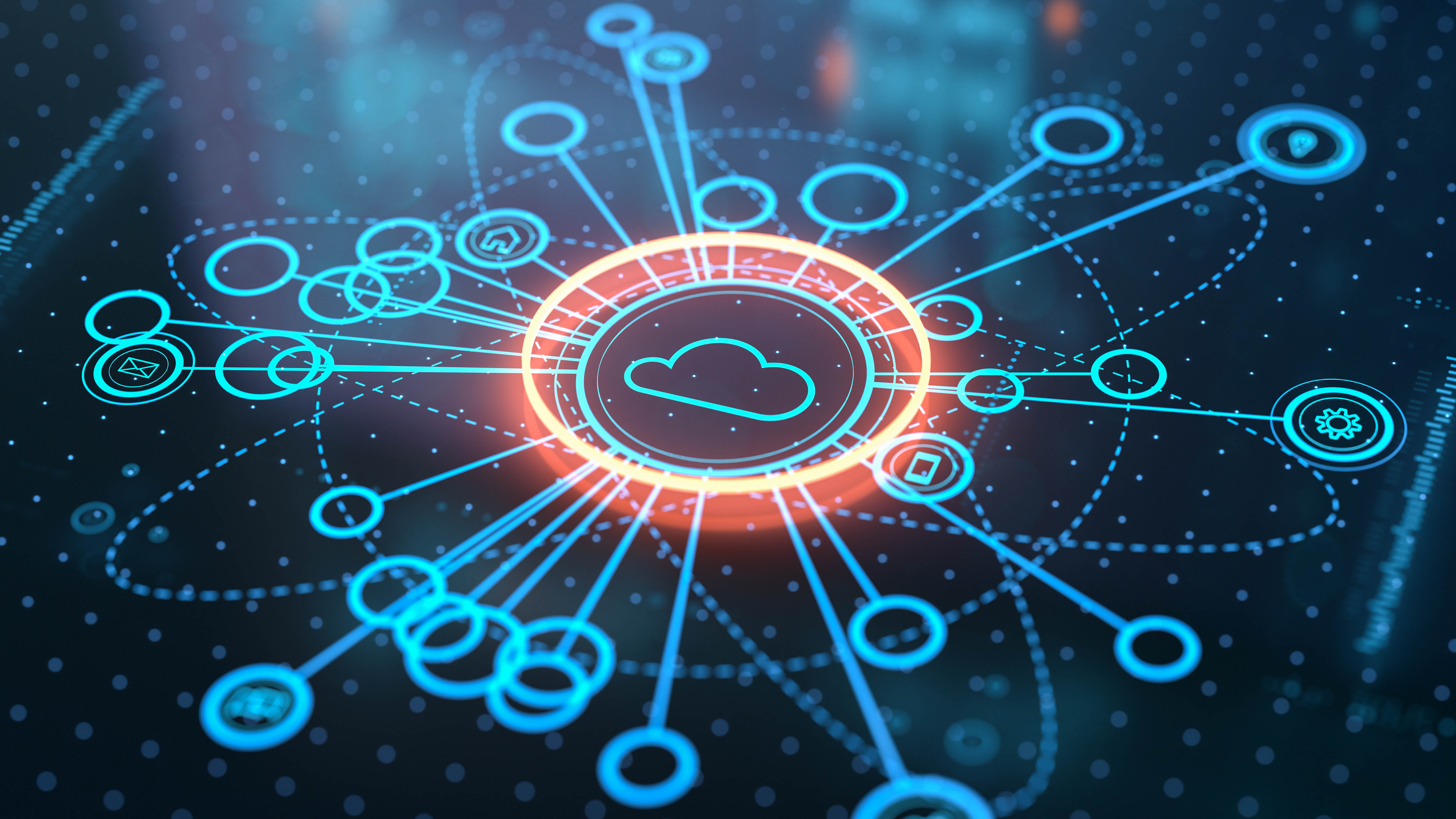 Grafische Darstellung eines Cloud-Systems mit leuchtenden Kreisen und Linien, die verschiedene digitale Elemente verbinden.