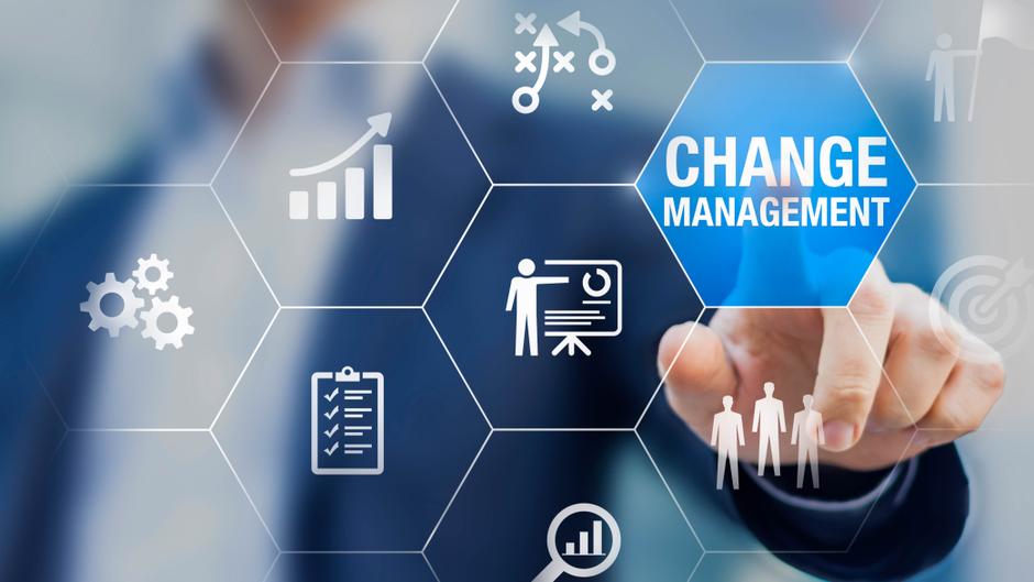 Grafische Darstellung von Change Management mit Symbolen für Wachstum, Planung und Schulung, Hand zeigt auf