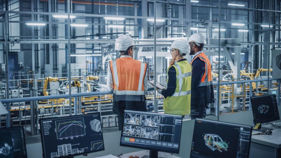 Drei Personen in Sicherheitskleidung und Helmen stehen vor einer modernen Produktionsanlage mit Robotern und Monitoren.