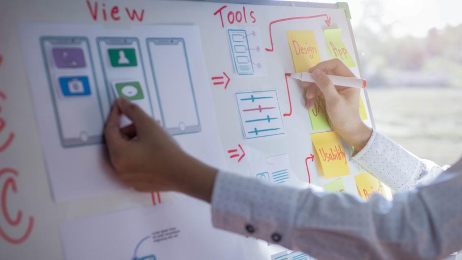 Hand, die ein Diagramm mit Smartphone-Illustrationen und Haftnotizen zum Thema Design und Tools bearbeitet.
