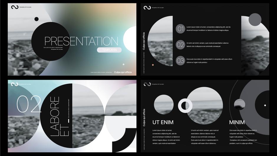 Grafische Präsentation mit mehreren Folien, geometrischen Formen und Texten in verschiedenen Farben und Schriftarten.