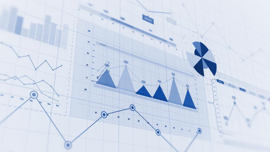 Grafische Darstellung von Daten mit Linien-, Balken- und Kreisdiagrammen in Blau- und Grautönen.