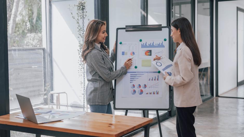 Zwei Frauen präsentieren Grafiken und Diagramme an einem Flipchart in einem modernen Büro.