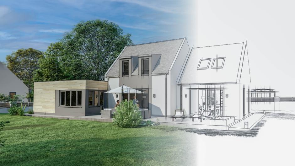 Moderne Hausansicht mit Anbau, Garten und Skizze des Gebäudes im Hintergrund.