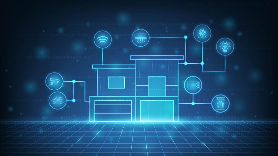 Grafische Darstellung eines vernetzten Hauses mit Symbolen für Sicherheit, Beleuchtung und Haushaltsgeräte.