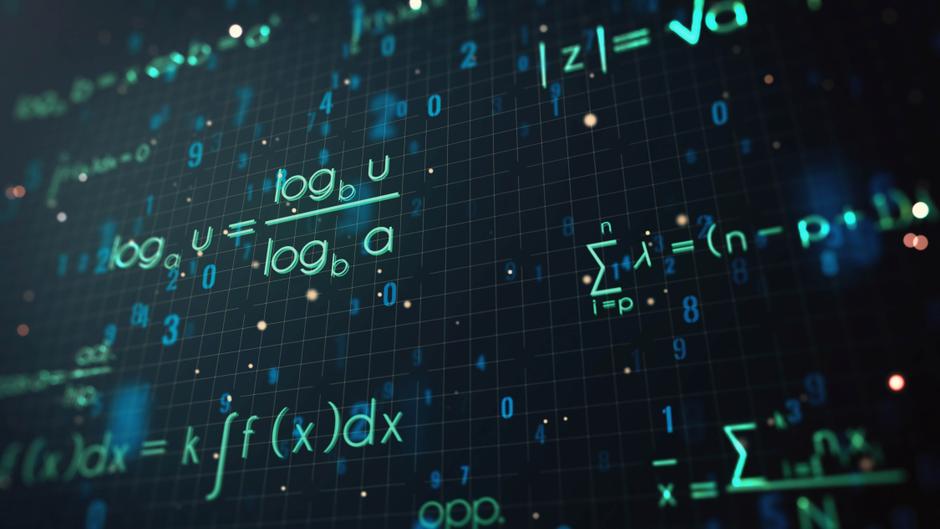 Mathematische Formeln und Symbole auf einem digitalen Hintergrund mit Zahlen und einem Gittermuster.