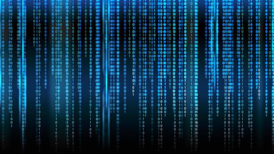 Digitale Darstellung von binären Zahlen in Blau- und Grüntönen auf dunklem Hintergrund.