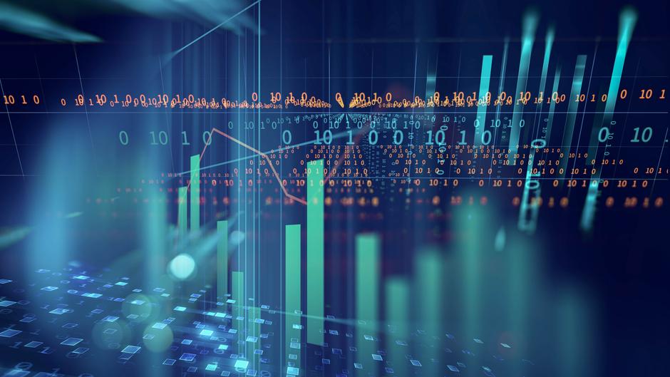 Grafische Darstellung von Datenanalysen mit Balkendiagrammen, Zahlen und digitalen Elementen auf einem blauen Hintergrund.