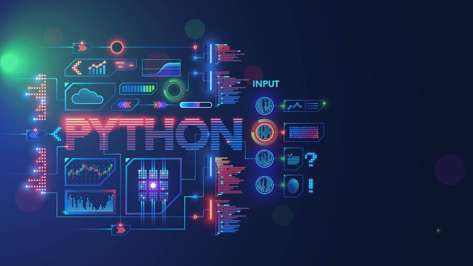 Bunte grafische Darstellung von Python-Elementen, einschließlich Diagrammen, Code und Eingabefeldern auf dunklem Hintergrund.