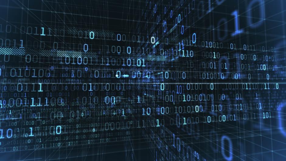 Digitale Darstellung von binären Zahlen in Blau- und Schwarztönen auf einem strukturierten Hintergrund.