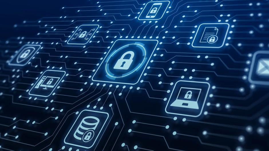 Grafik mit verschiedenen Symbolen für Datensicherheit und Verschlüsselung auf einem digitalen Schaltkreis-Hintergrund.