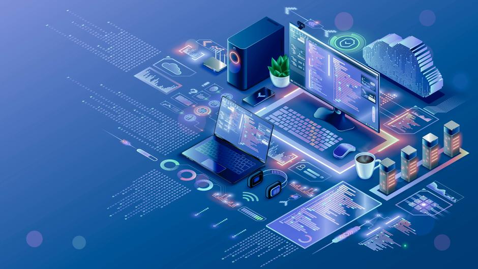 Zwei Computer mit Programmiercode, Diagrammen, Datenanalysen und technischen Symbolen auf einem blauen Hintergrund.