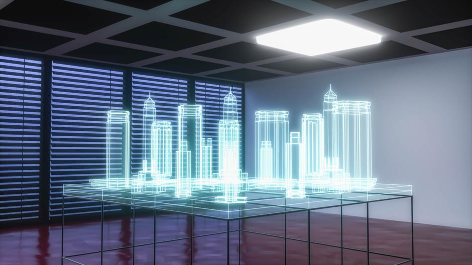 Ein Raum mit einem transparenten Tisch, auf dem holographische Stadtmodelle dargestellt sind.