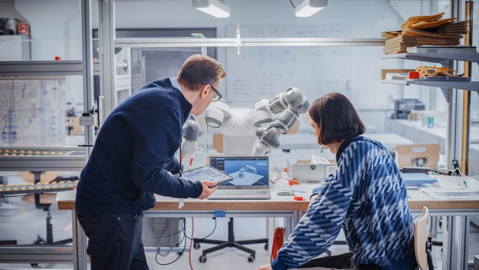 Zwei Personen arbeiten an einem Tisch mit einem Laptop und einem Tablet, während ein Roboterarm im Hintergrund sichtbar ist.